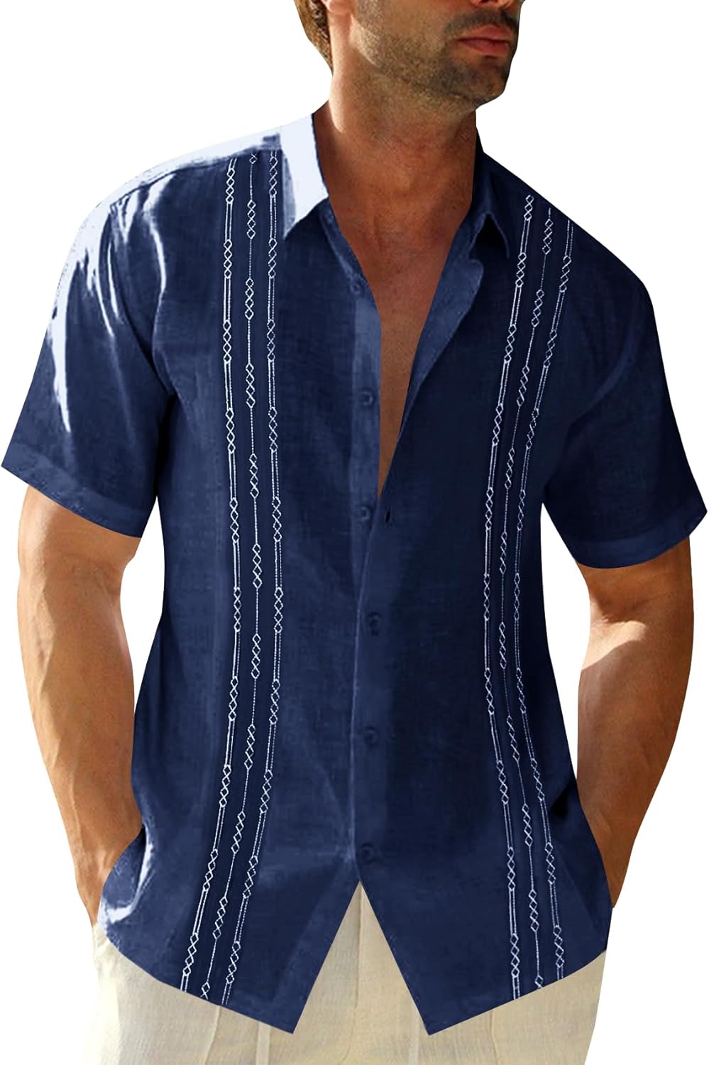 Runcati Mens Short Sleeve Guayabera Shirts Linen Cotton Button Down Mexican Embroidered Cuban Wedding Shirt Summer Beach Tops