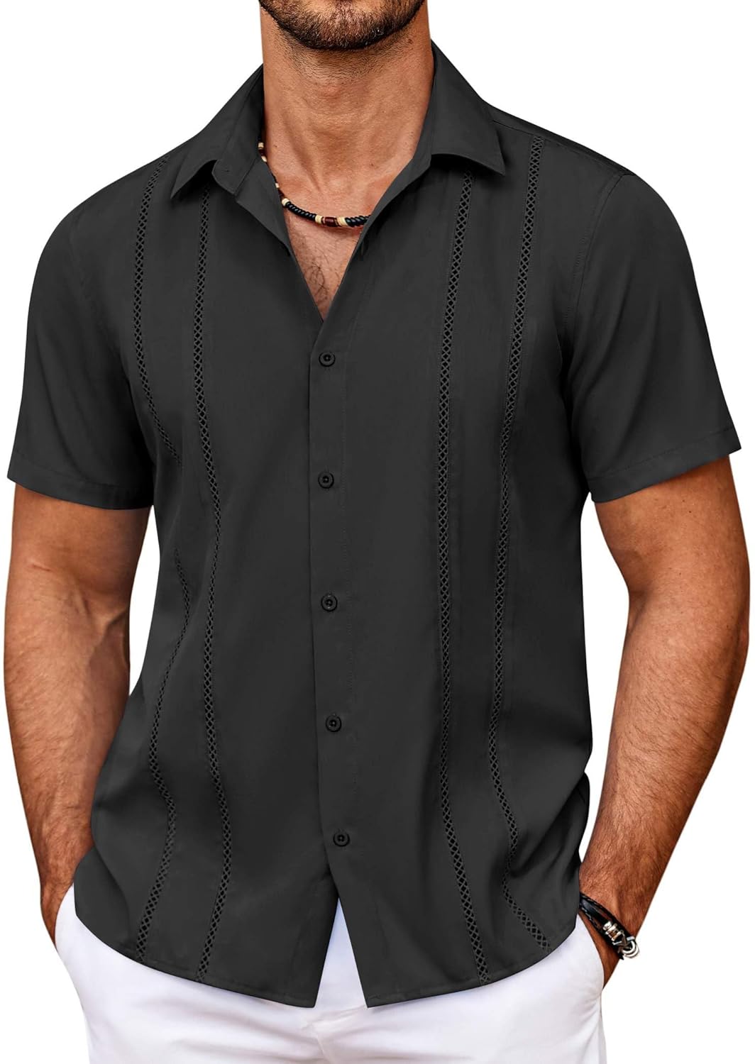 COOFANDY Men's Cuban Guayabera Shirt Summer Beach Vacation Shirt Casual Short Sleeve Button Down Resort Wear