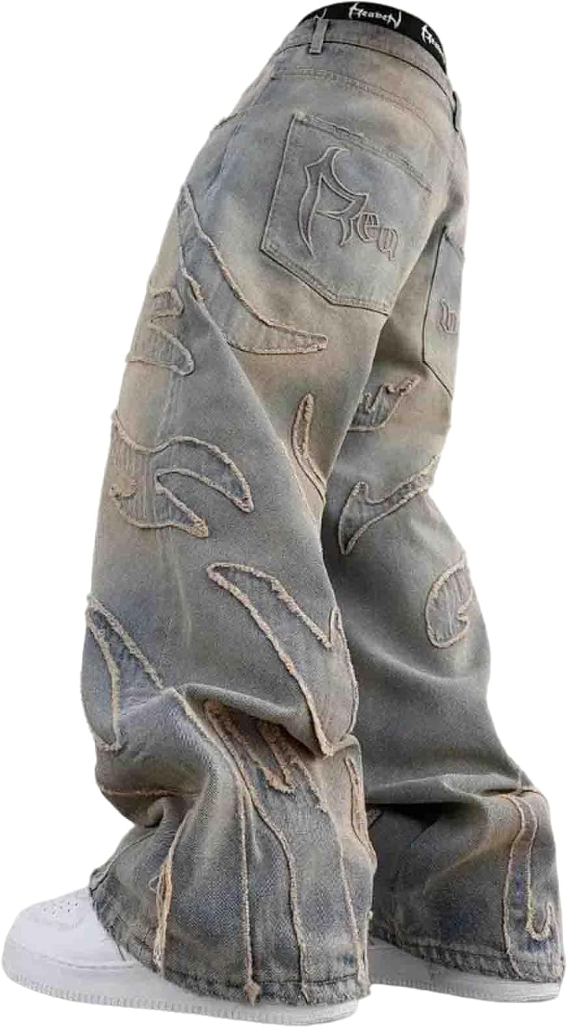 Ethbox Y2K Jeans Men's Hip-hop Retro Flame Splicing Wide Leg Women's Gothic Straight Tube Loose Jeans