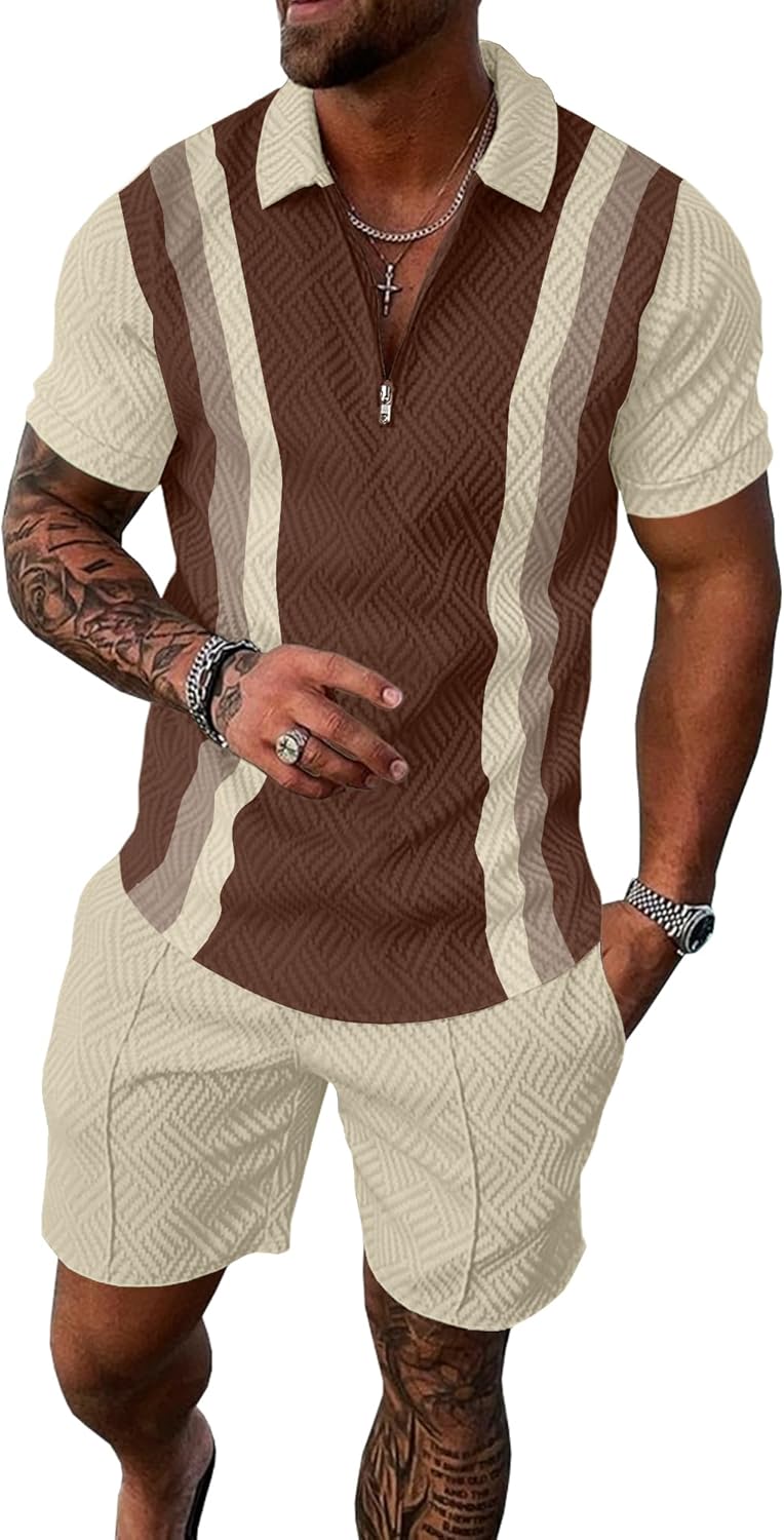 UOUA Mens Summer Track Suits 2 Piece Shorts Sets Short Sleeve Sweatsuit Outfits 1/4 Zip Golf Polo Splicing Striped Shirts