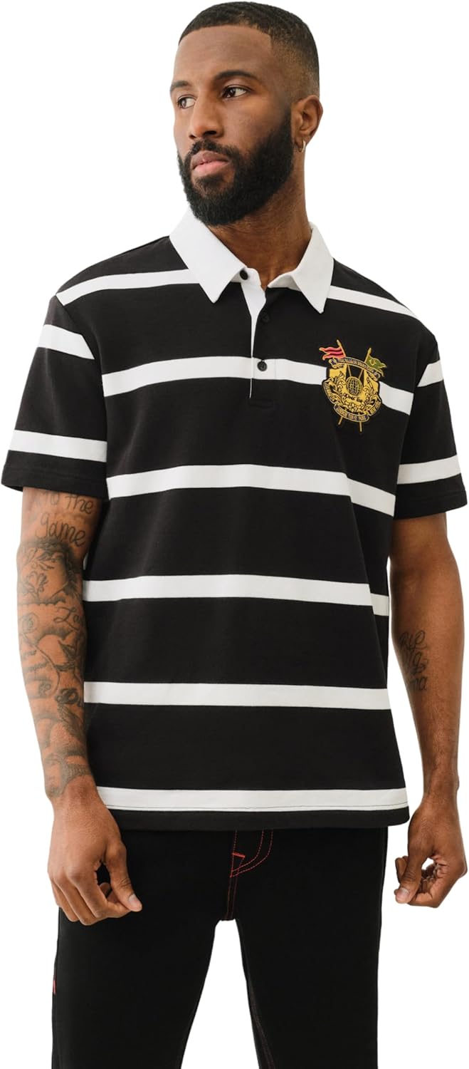 True Religion Men's SS Boxy Stiped Crest Polo - Jet Black/Optic White | Short Sleeve Polo Shirt