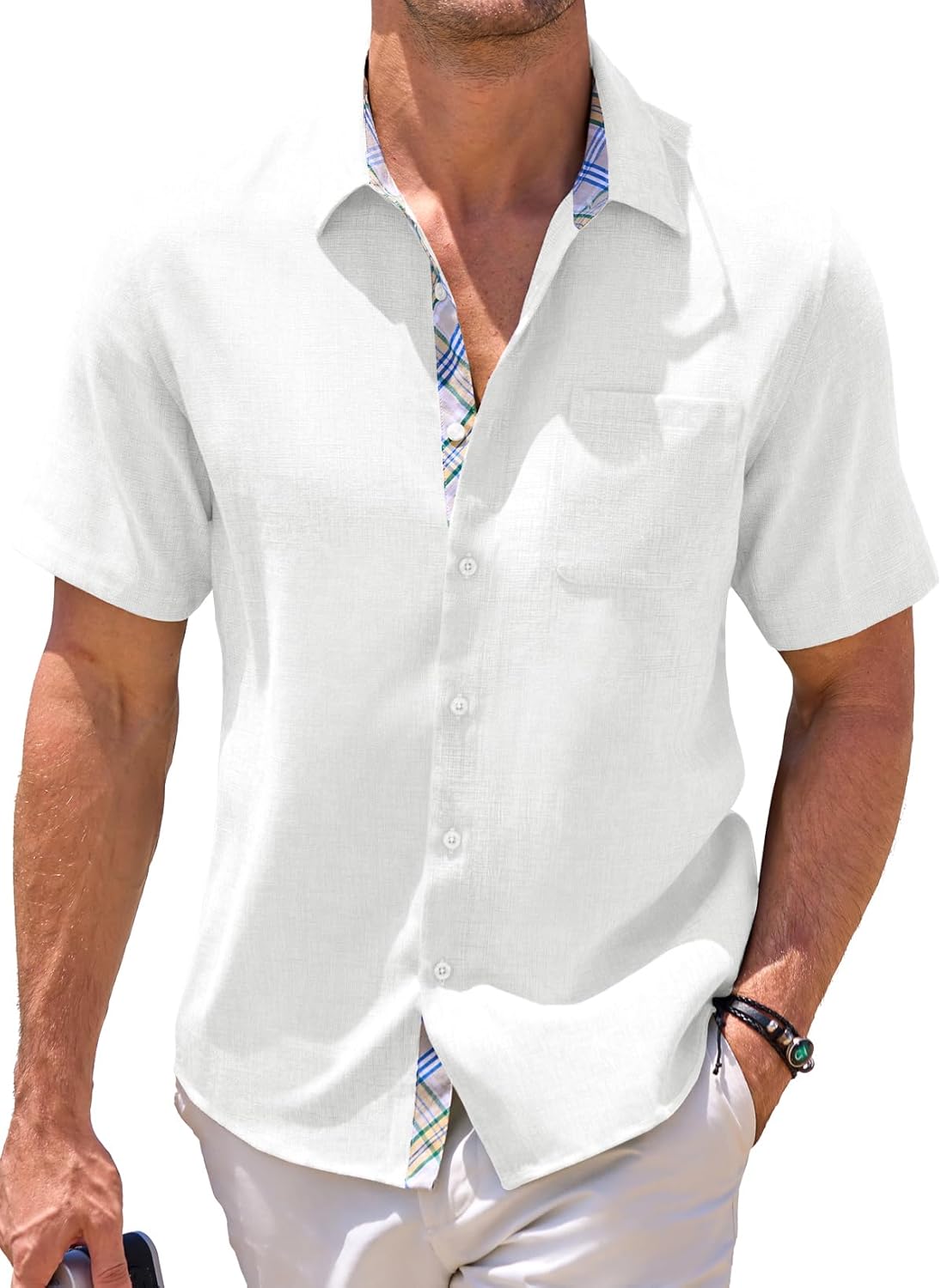 JMIERR Men‘s Linen Shirts Short Sleeve Summer Button Down Casual Beach Hawaiian Shirt with Pocket