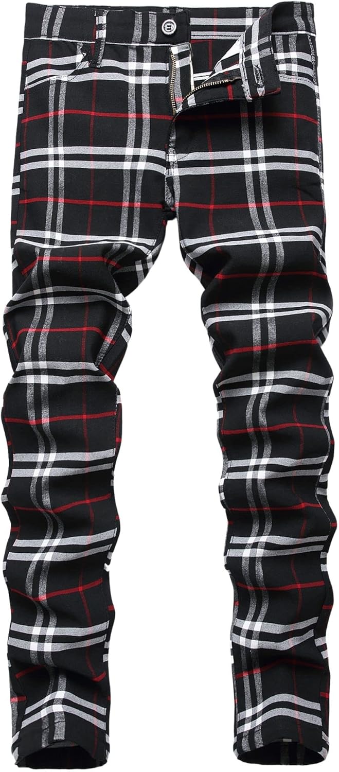 JE&NS Men's Stretch Slim Fit Flat-Front Casual Skinny Chinos Plaid Dress Pants