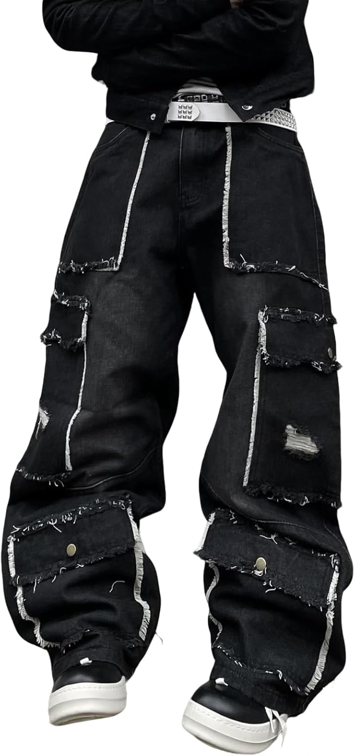 Mens Baggy Jeans with Cargo Pockets Goth Steampunk Y2k Wide Leg Denim Pants Skater Streetwear