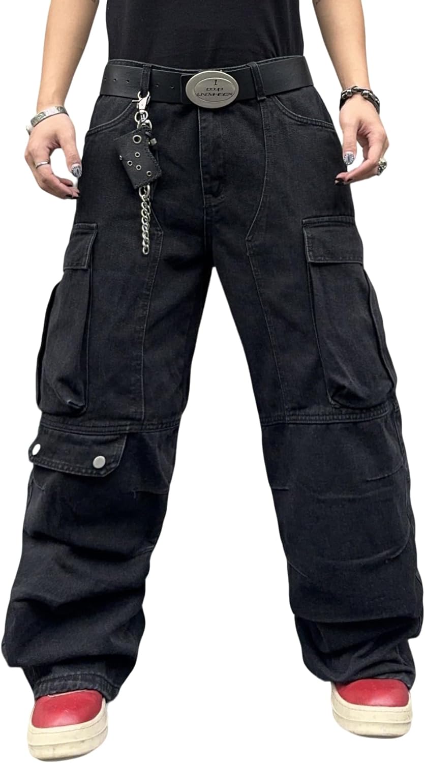 DFGIGT Mens Goth Baggy Cargo Jeans with Pockets Steampunk Patchwork Embroidery Wide Leg Denim Pants