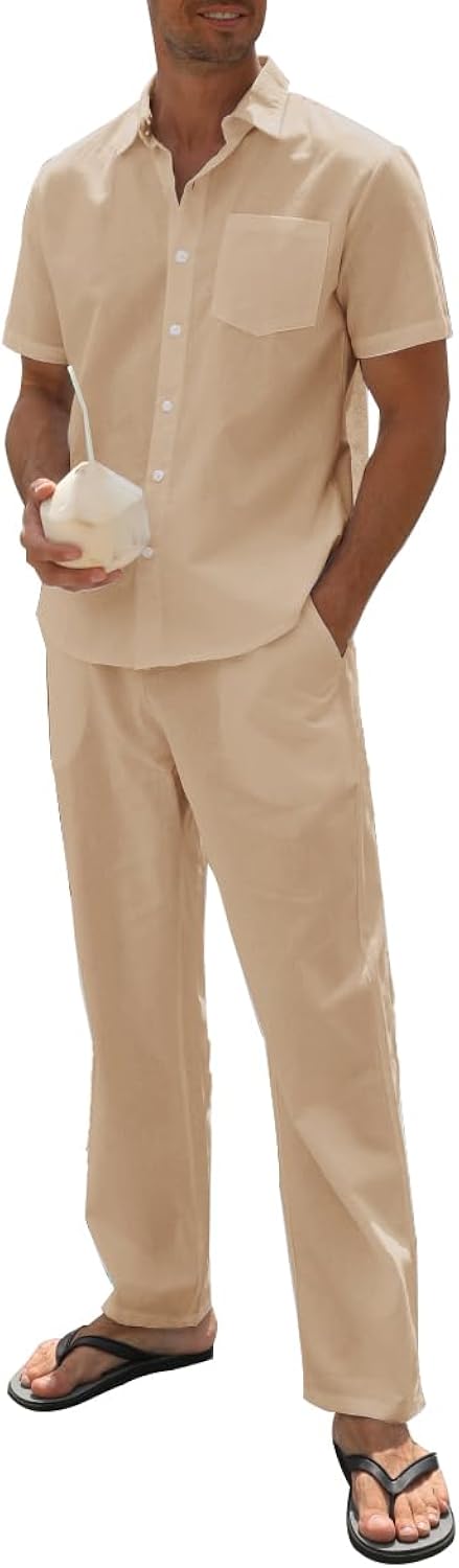 SIENDIU Men's Linen sets 2 Piece Outfits Beach Wedding Clothes Casual Button Down Shirts Yoga Pants Summer Matching Suit