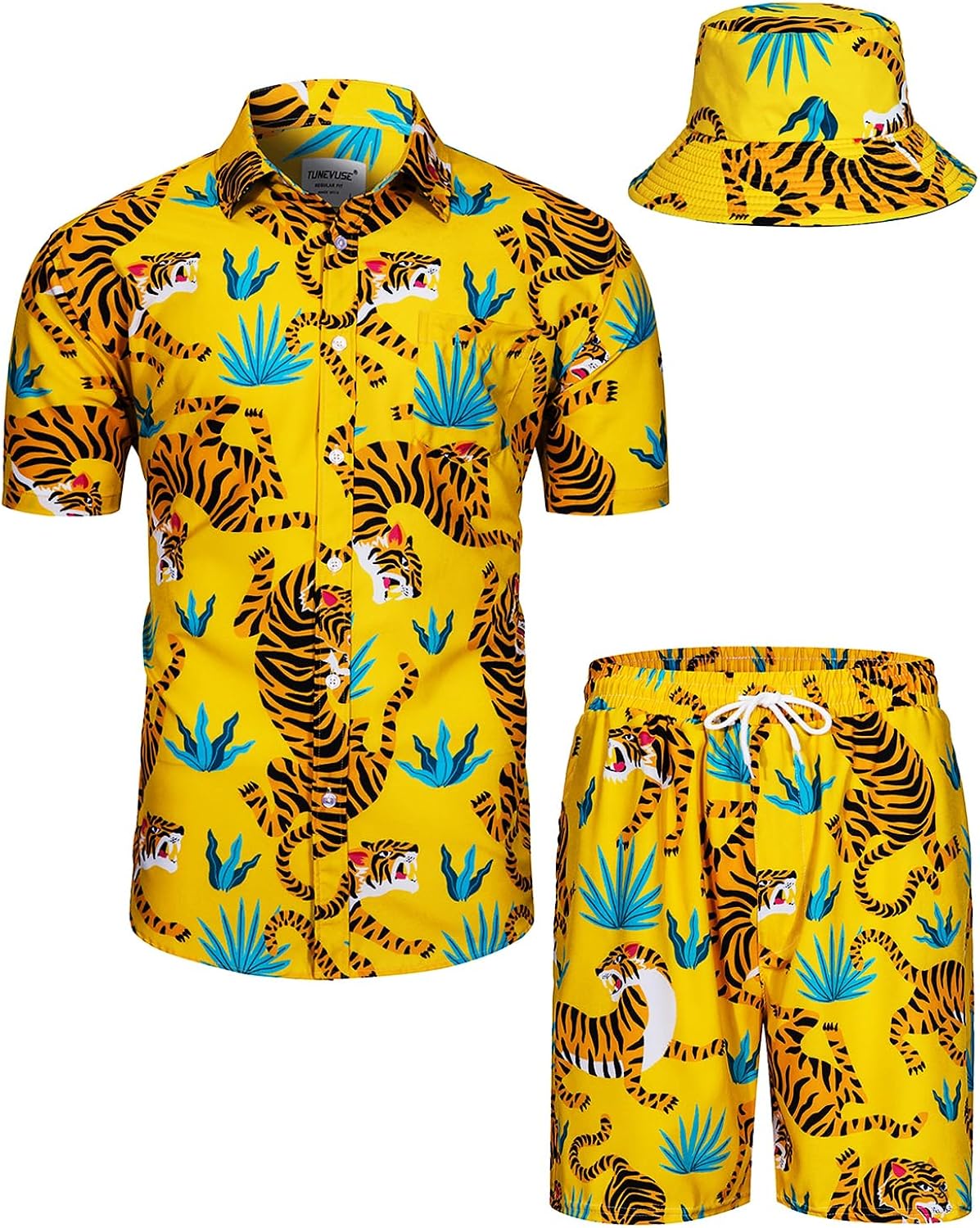 TUNEVUSE Mens Hawaiian Shirts and Shorts Set 2 Pieces Beach Outfits Flower Print Summer Tropical Suit with Bucket Hats