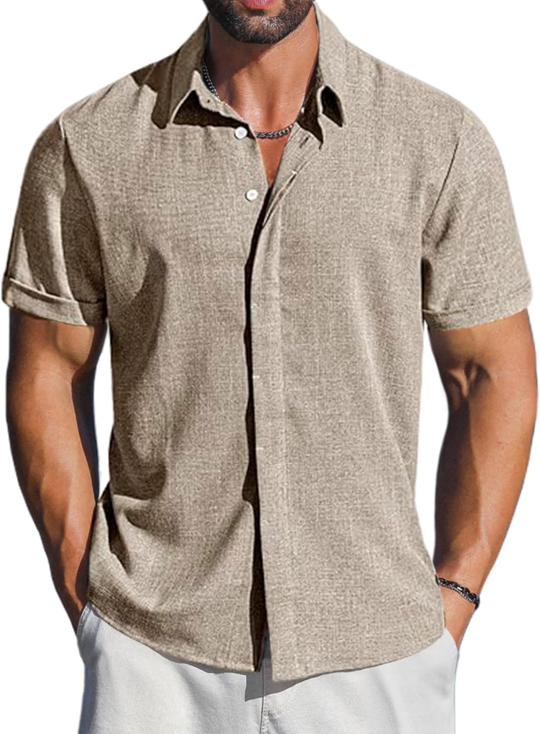 LETSEE Men's Linen Shirts Short Sleeve Button Down Casual Dress Shirts for Men Beach Vacation Shirt Fashion Summer Clothes