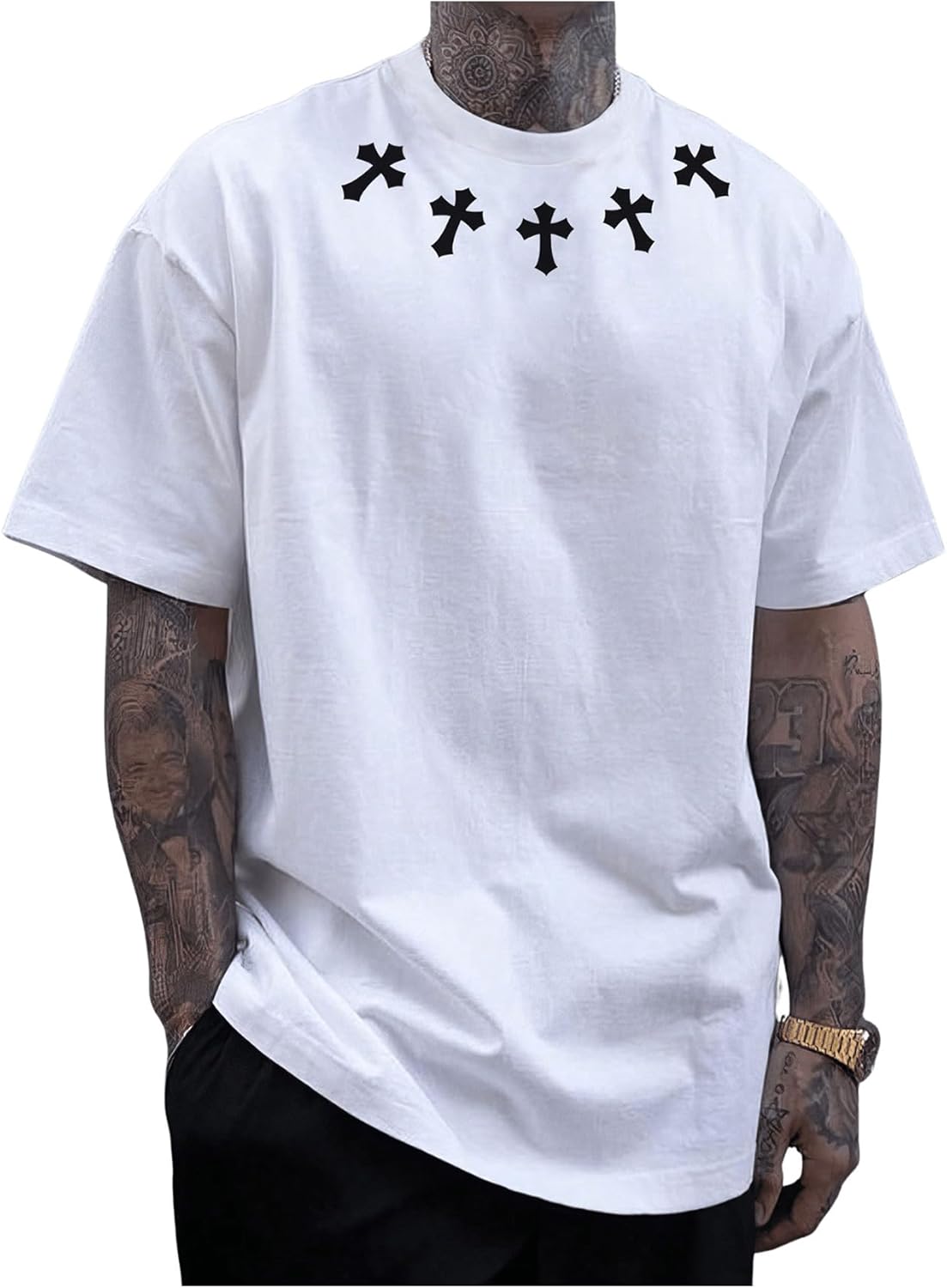 BEAUDRM Men's Cross Graphic T-Shirt Casual Short Sleeve Crewneck Loose Shirts Streetwear