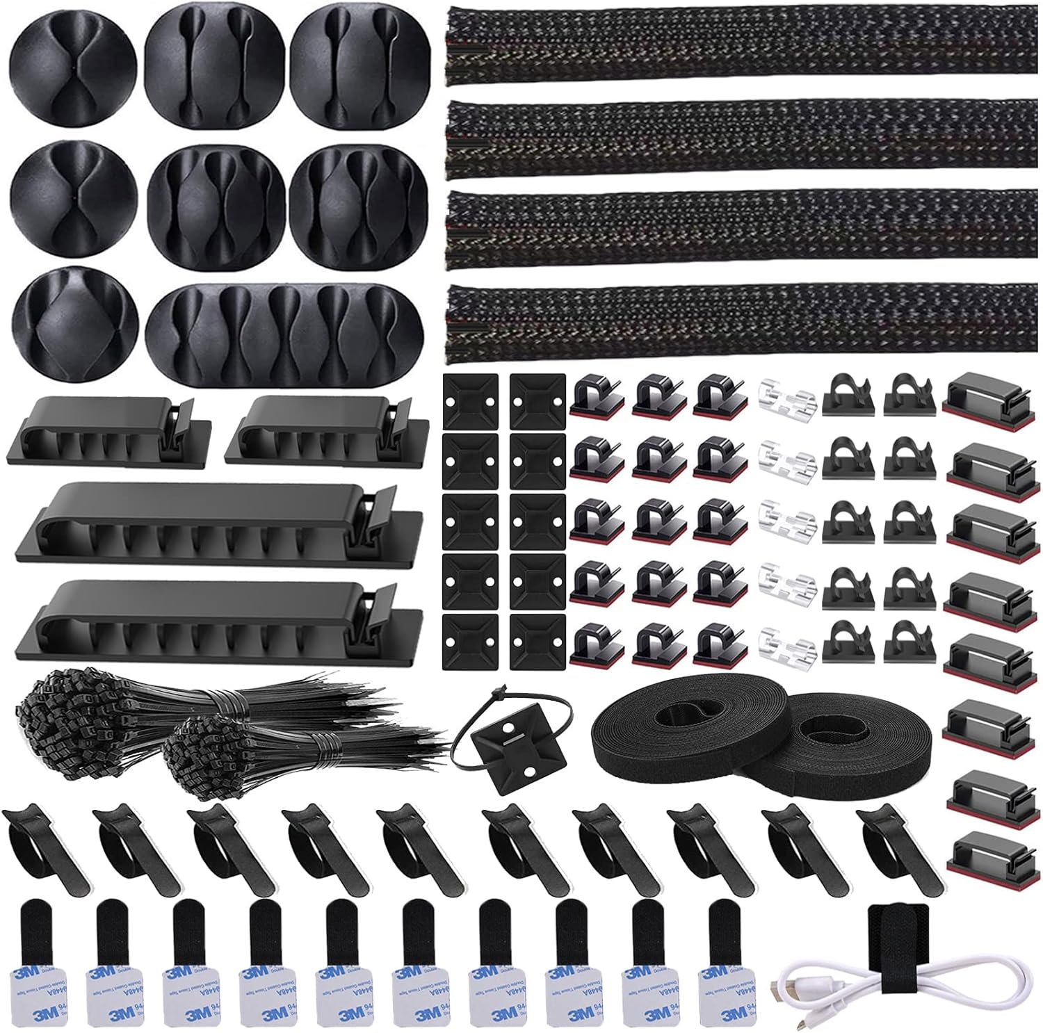 DRIVUU 311Pcs Cable Management Organizer Kit 4 Cable Sleeve Split,53Cable Clips 12Cord Clips Holder,22 Cable Ties, 20 Adhe...
