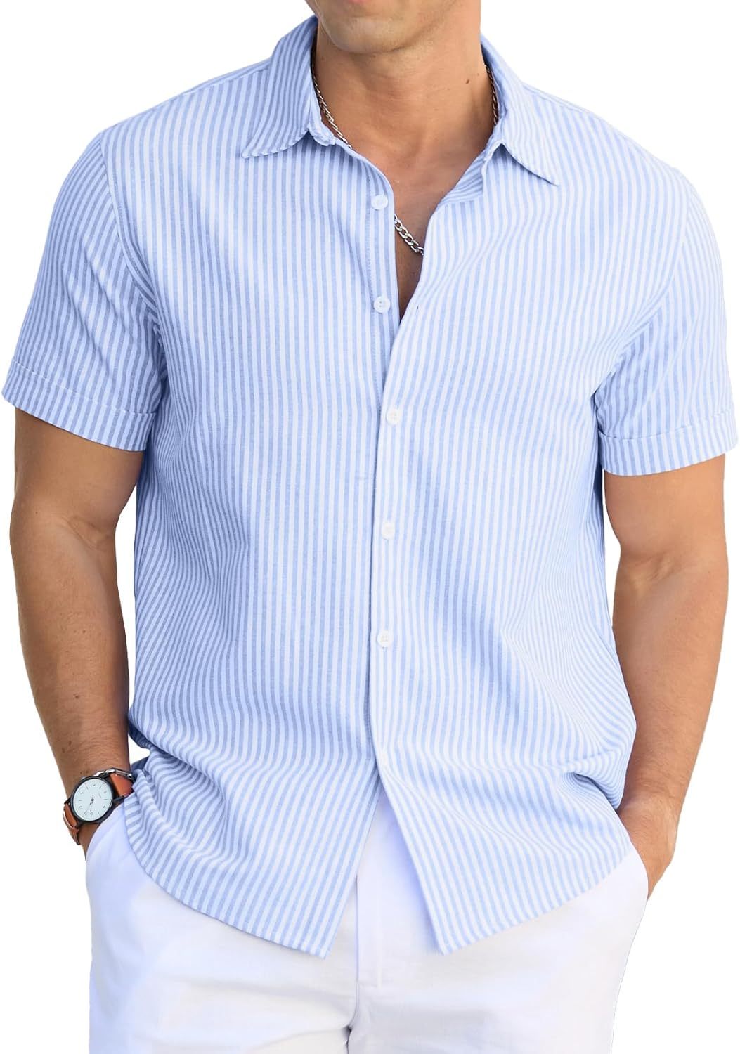 Sailwind Men's Casual Button Down Shirts Short Sleeve Striped Cotton Beach Summer Vacation Shirt