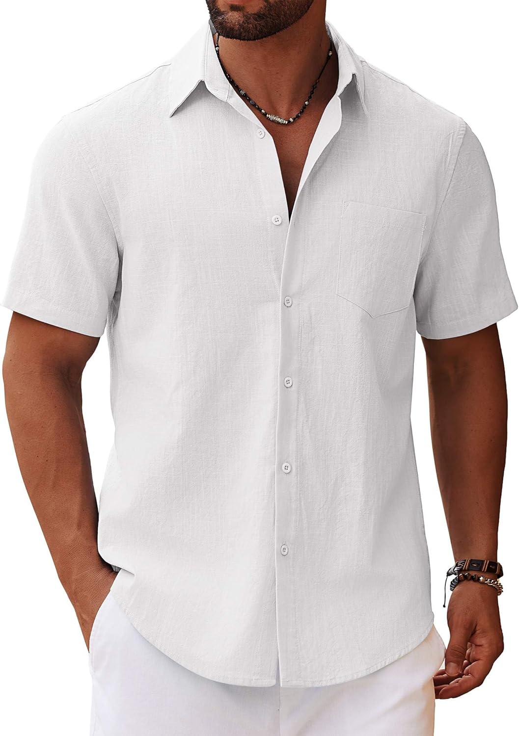 COOFANDY Men's Button Down Short Sleeve Shirt Casual Cotton Summer Beach Linen Wedding Shirts with Pocket