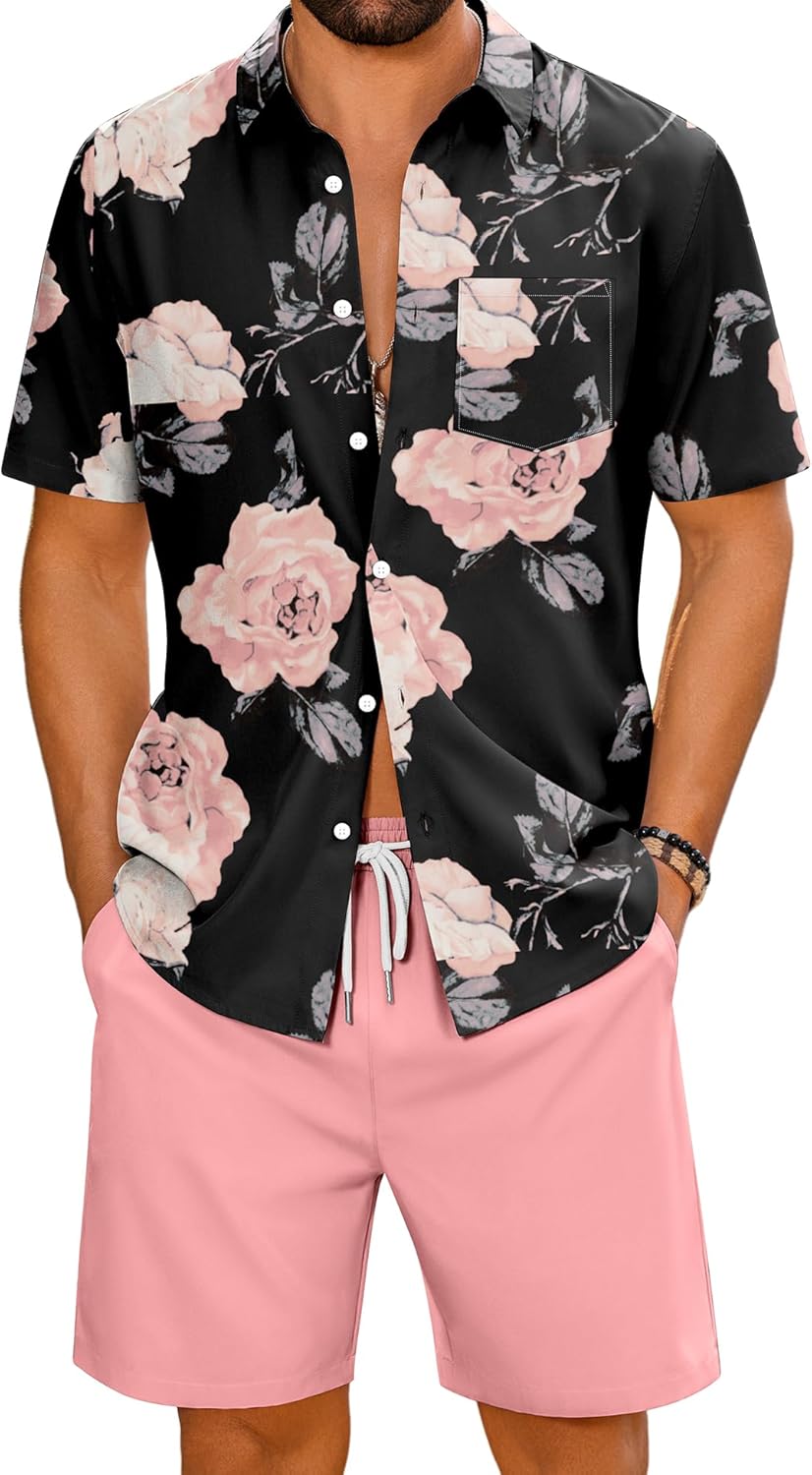 LecGee Men's 2 Piece Hawaiian Short Set Floral Button Down Shirt and Beach Shorts Summer Vacation Outfits for Men