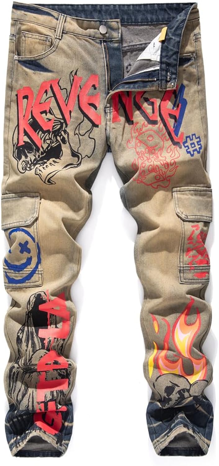 XJJUYIS Men's Straight Slim Jeans Denim Pants Printed Biker Moto Casual Multi-Pocket Male