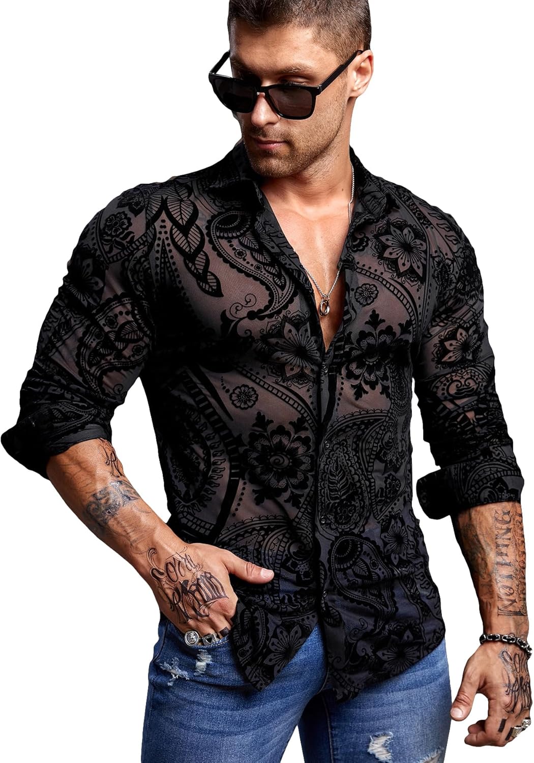 WDIRARA Men's Floral Paisley Print Mesh Button Down See Through Slim Fit Party Shirt Top Tee