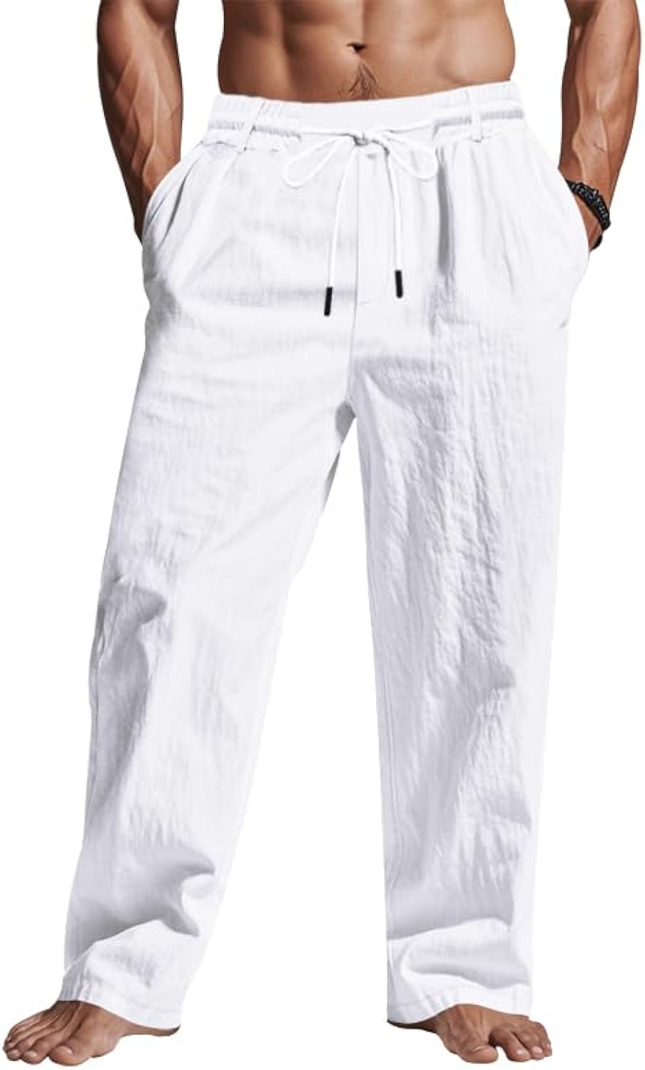TRFIC Mens Casual Linen Pants Loose Fit Elastic Drawstring Waist Straight-Legs Summer Yoga Beach Long Pants