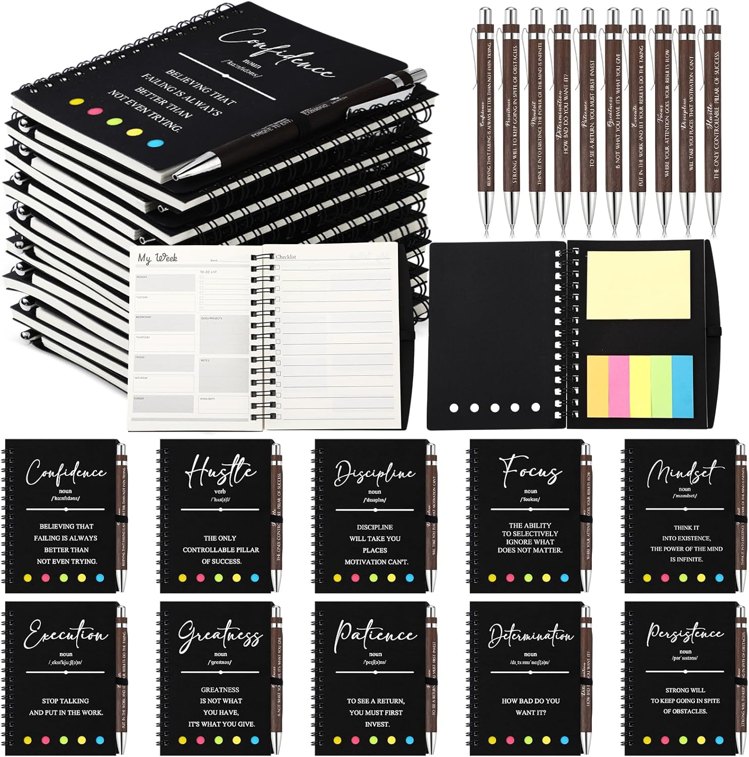 TecUnite 20 Pcs Inspirational Phrases Spiral Notebooks with Sticky Notes Bamboo Pen Bulk Calendar Undated to Do List Weekl...