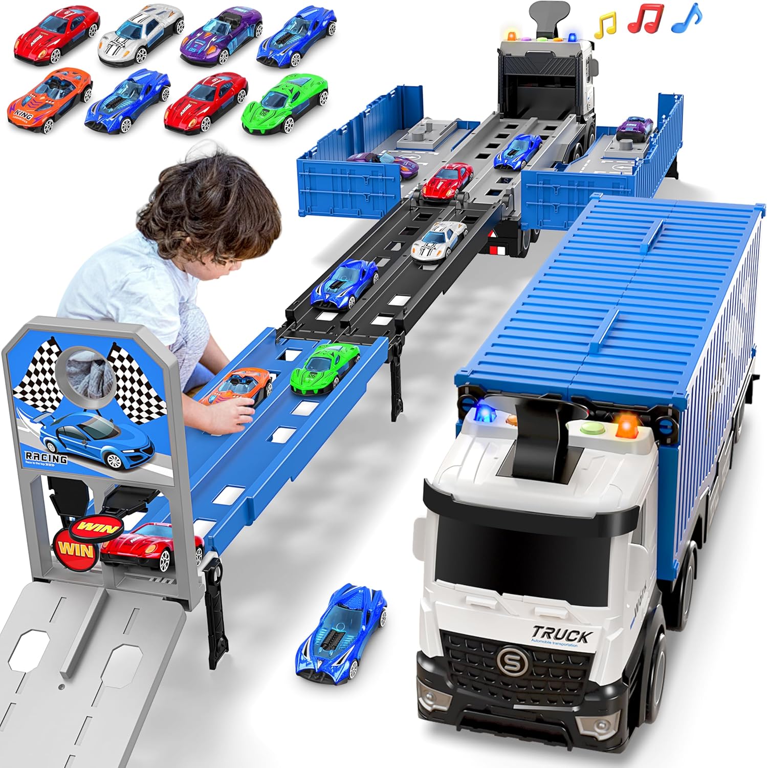 Diuerma Carrier Truck Race Track Toddlers Toys, Foldable 3 Layer Track Playset, Toy Truck Transport Car Carrier & 8 Race C...