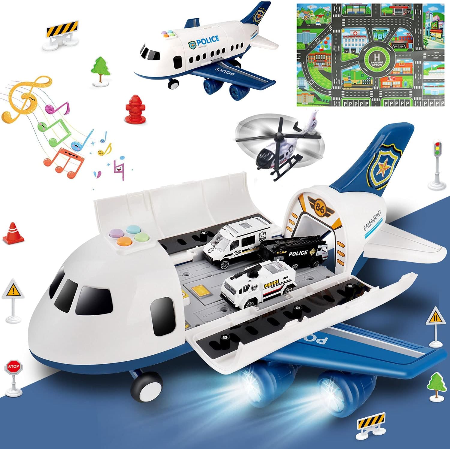 Dwi Dowellin Airplane Toy with Fire Truck Cars and Play Mat,Plane with Lights and Sounds for 3 + Years Old Boys and Girls