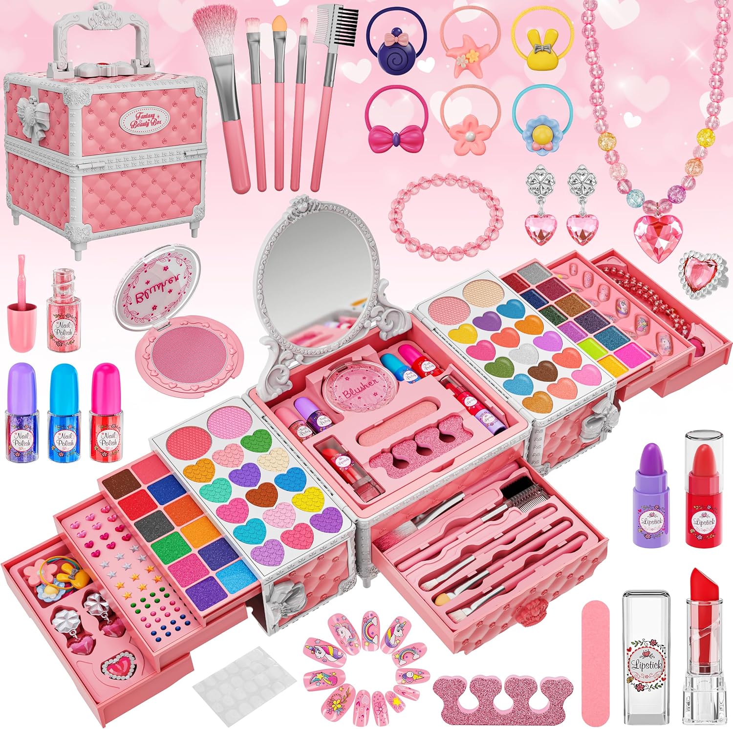 99 Pcs Kids Makeup Kit for Girls, Princess Toys Real Washable Cosmetics Set with Mirror, Hair Ties, Nails, Rings, Earring...