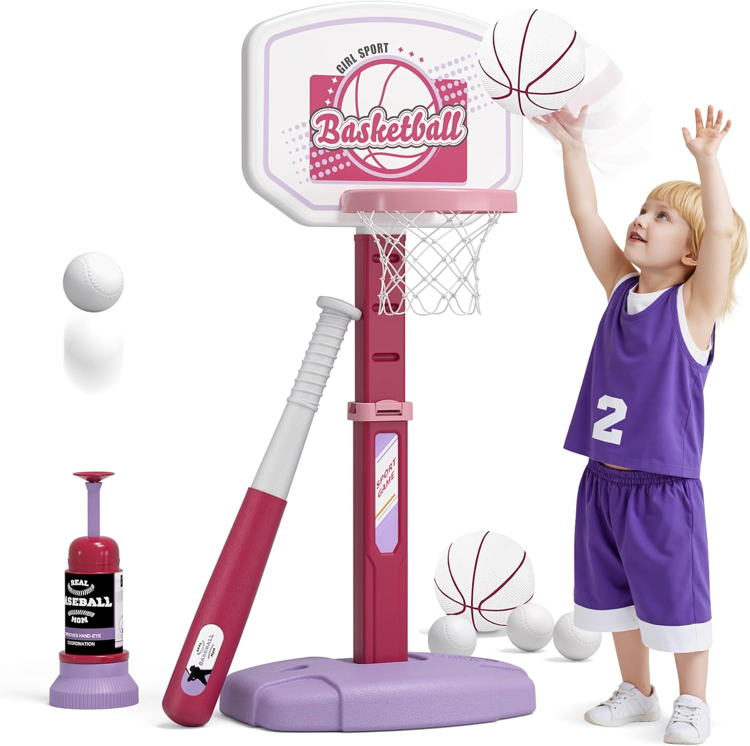HYES 2 in 1 Kids Basketball Hoop and T Ball Set - Adjustable Height, Kids Baseball Tee with Automatic Pitching Machine, In...
