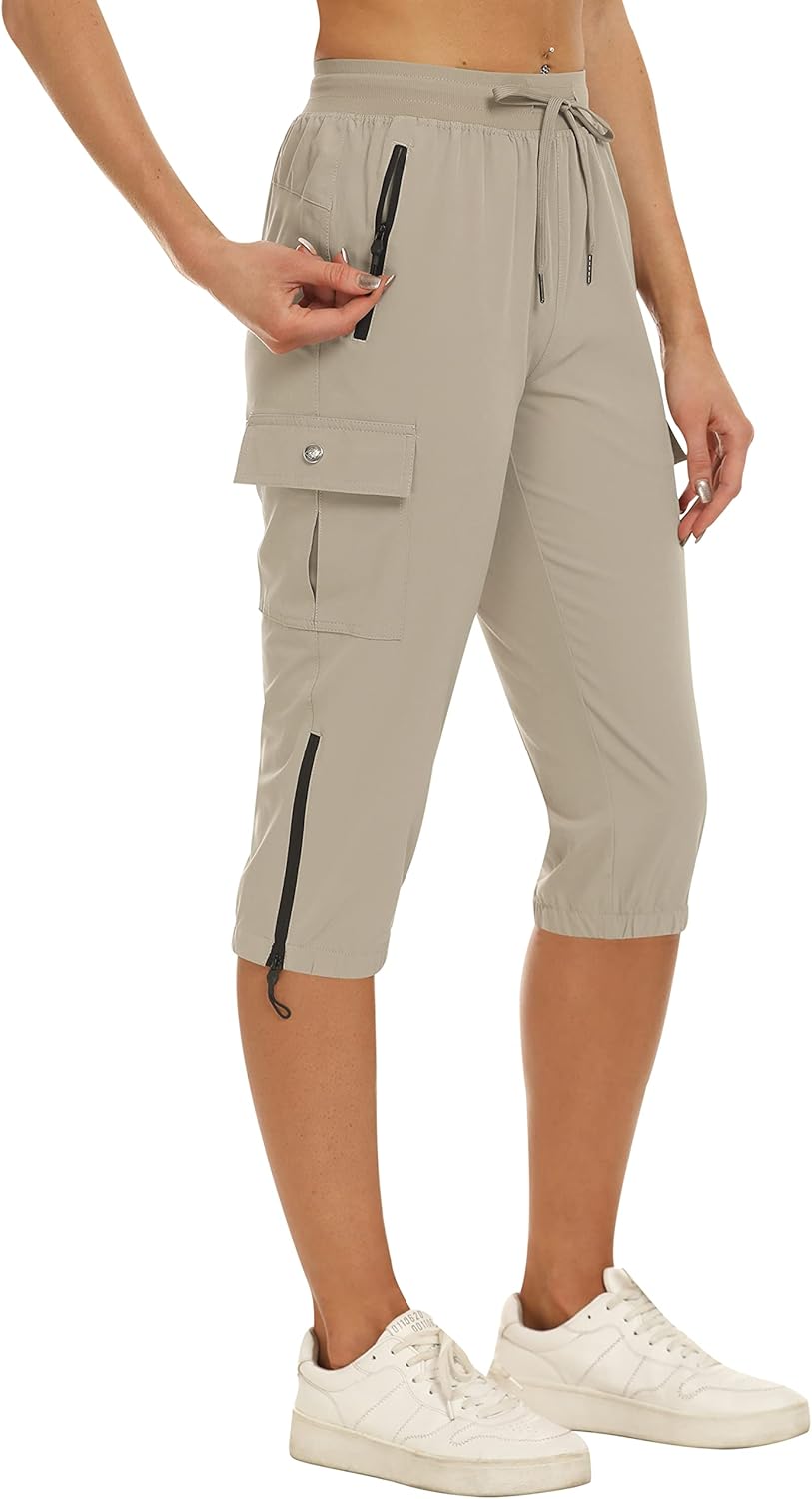 MoFiz Women's Capris Cargo Hiking Pants Lightweight Quick Dry Outdoor Athletic Running Sports Travel Summer Zipper Pockets