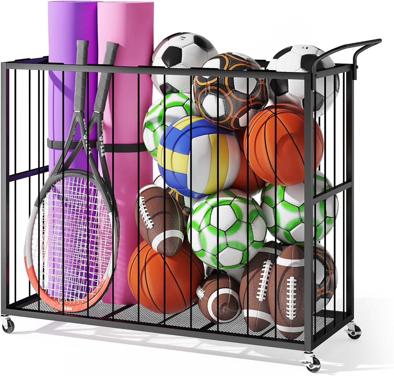 Homsorout Ball Storage Bin Rolling Sports Ball Cart, Metal Garage Organizer Sport Rack, Ball Basket Storage, Ball Cage for...