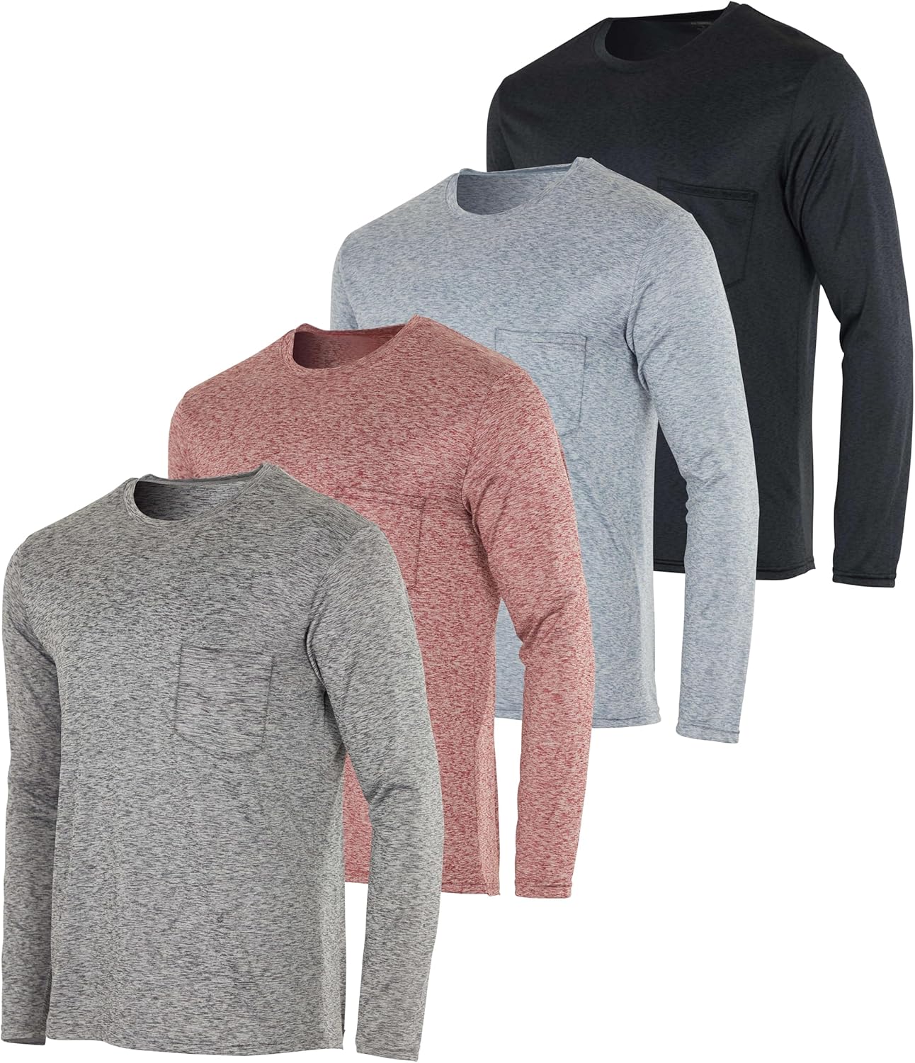 Real Essentials 4 Pack: Men's Dry-Fit Active Athletic Long Sleeve Pocket Crew T-Shirt Outdoors UPF 50 S-5XLT