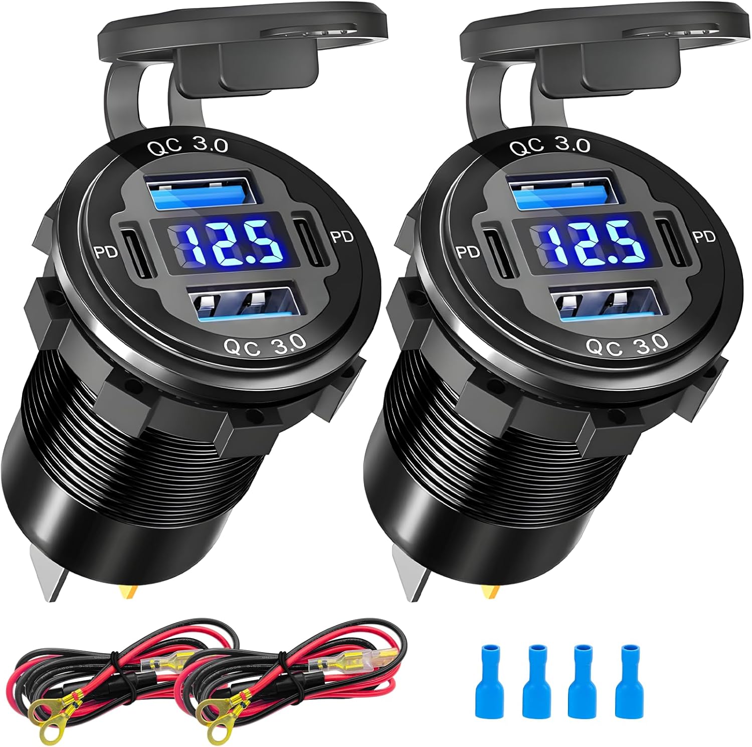12 Volt USB Charger, 12v USB 4-Port Aluminum Alloy USB C Outlet with LED Voltmeter,Dual PD3.0 & QC3.0 for 12/24V Car Golf ...