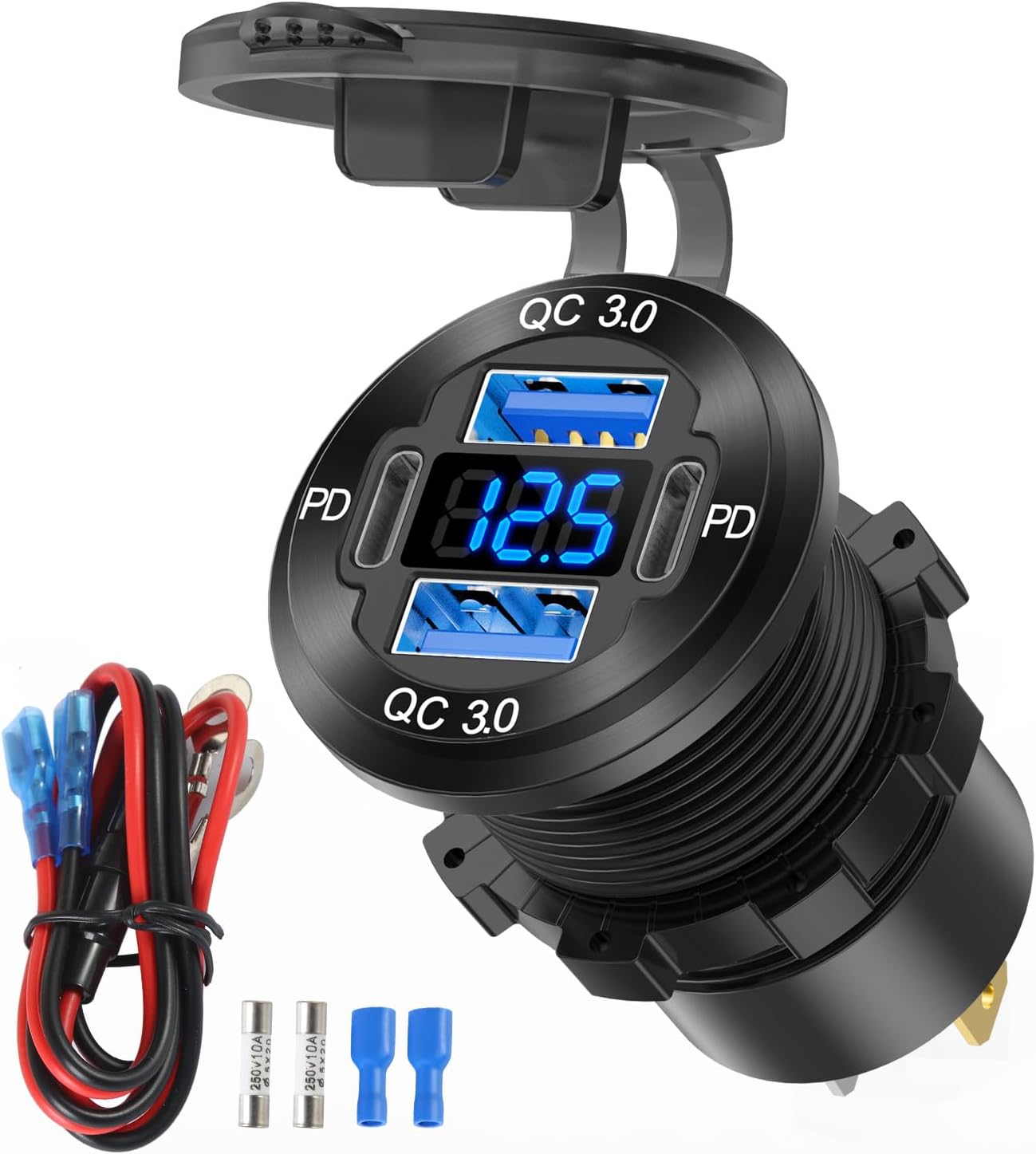 2 Pack 12V USB Outlet 4 Port Car Charger Socket, 78W Dual PD USB C and Dual Quick Charge 3.0 Port Aluminum Charger with Vo...