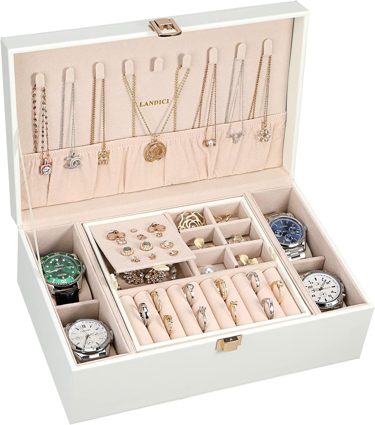 LANDICI Jewelry Box Organizer for Men Women, 2 Layer 4 Slot Watch Storage Case with Removable Tray, PU Leather Large Jewel...
