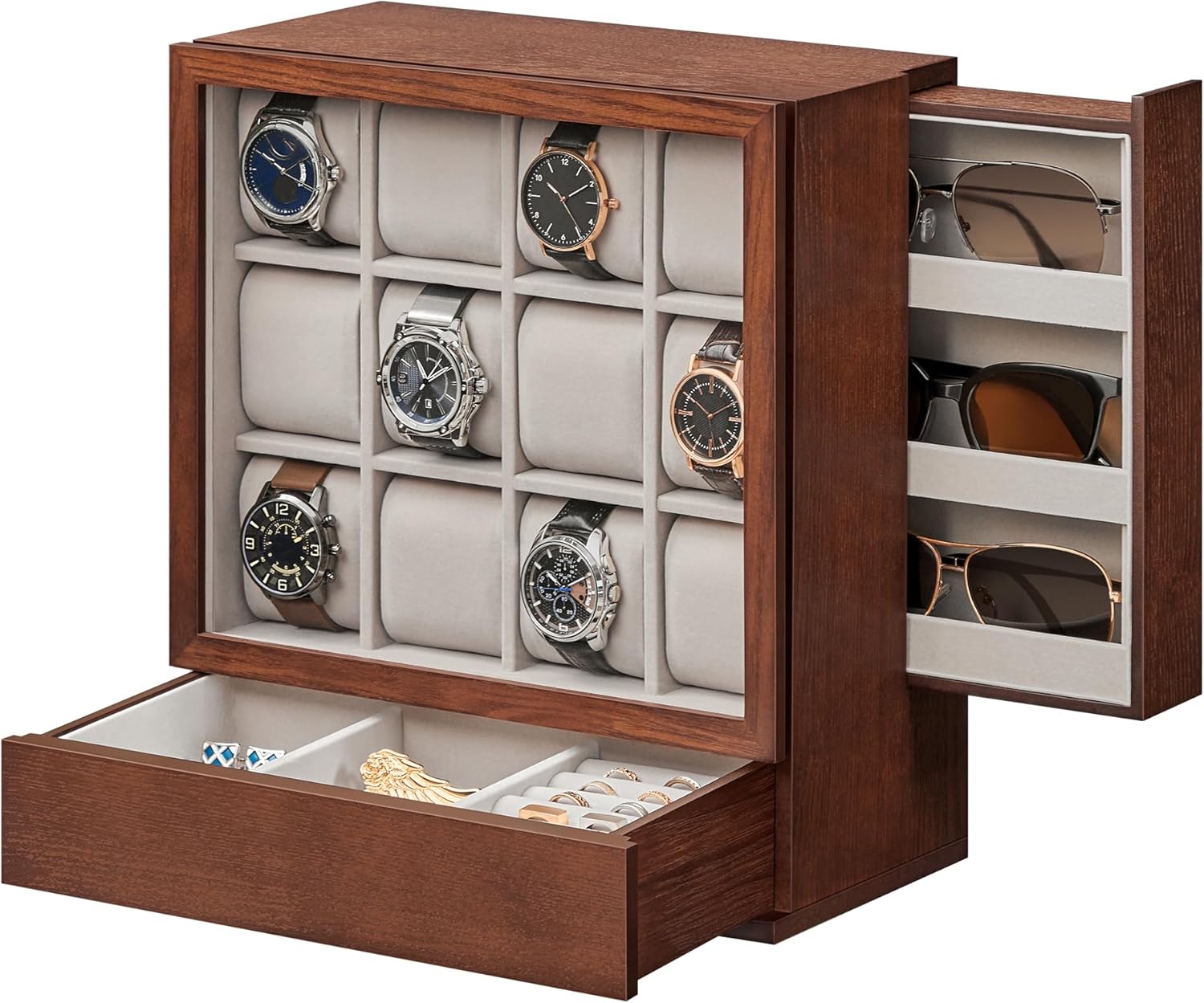 SONGMICS 12-Slot Wooden Watch Box, Watch Display Case with Window, Watch Display Cabinet with Solid Wood Veneer, Velvet Li...