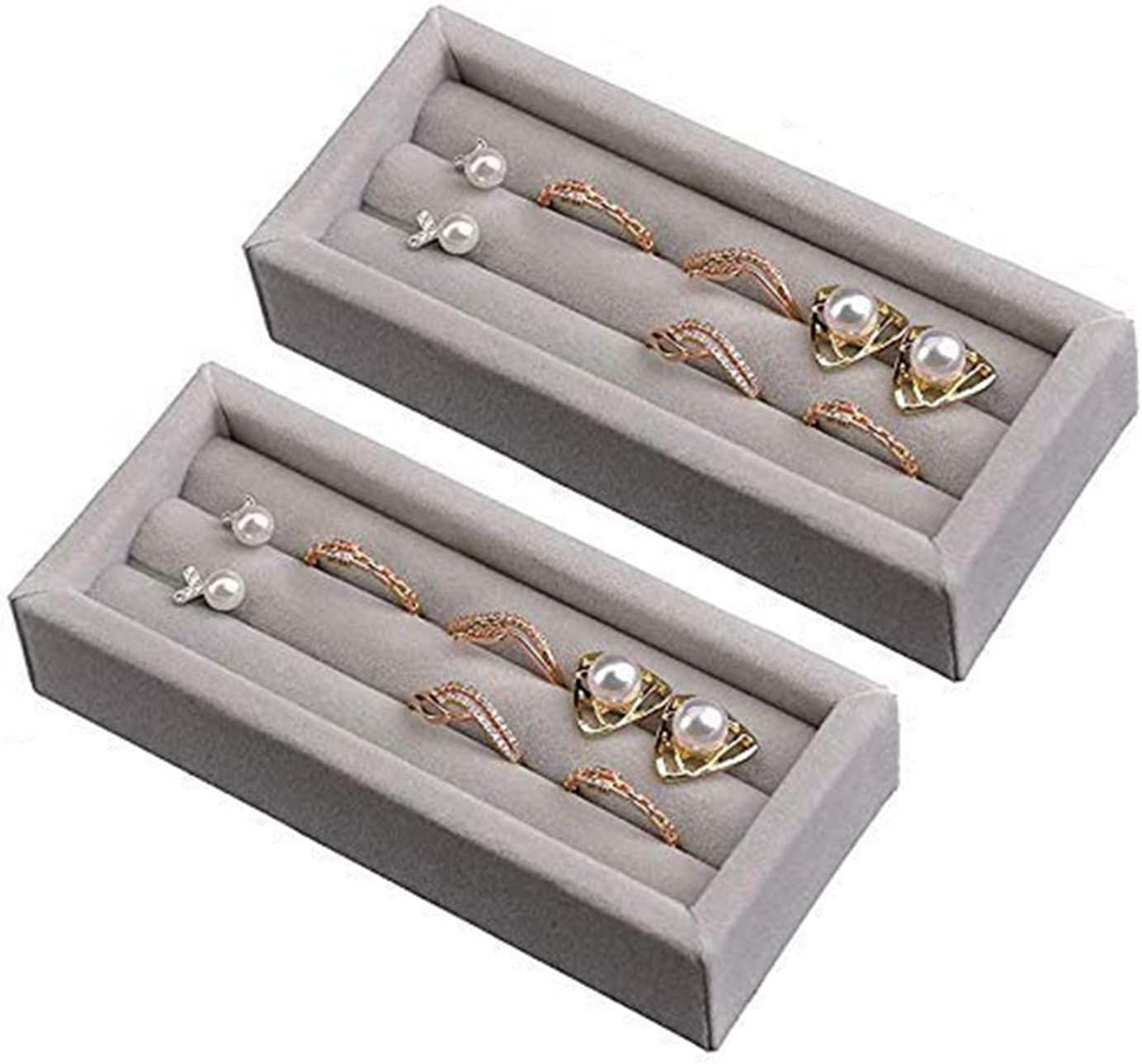 Valyria Velvet Jewelry Tray, Stackable Showcase Display Organizer for Ring Earring Necklace Pendants Bracelet (Grey)