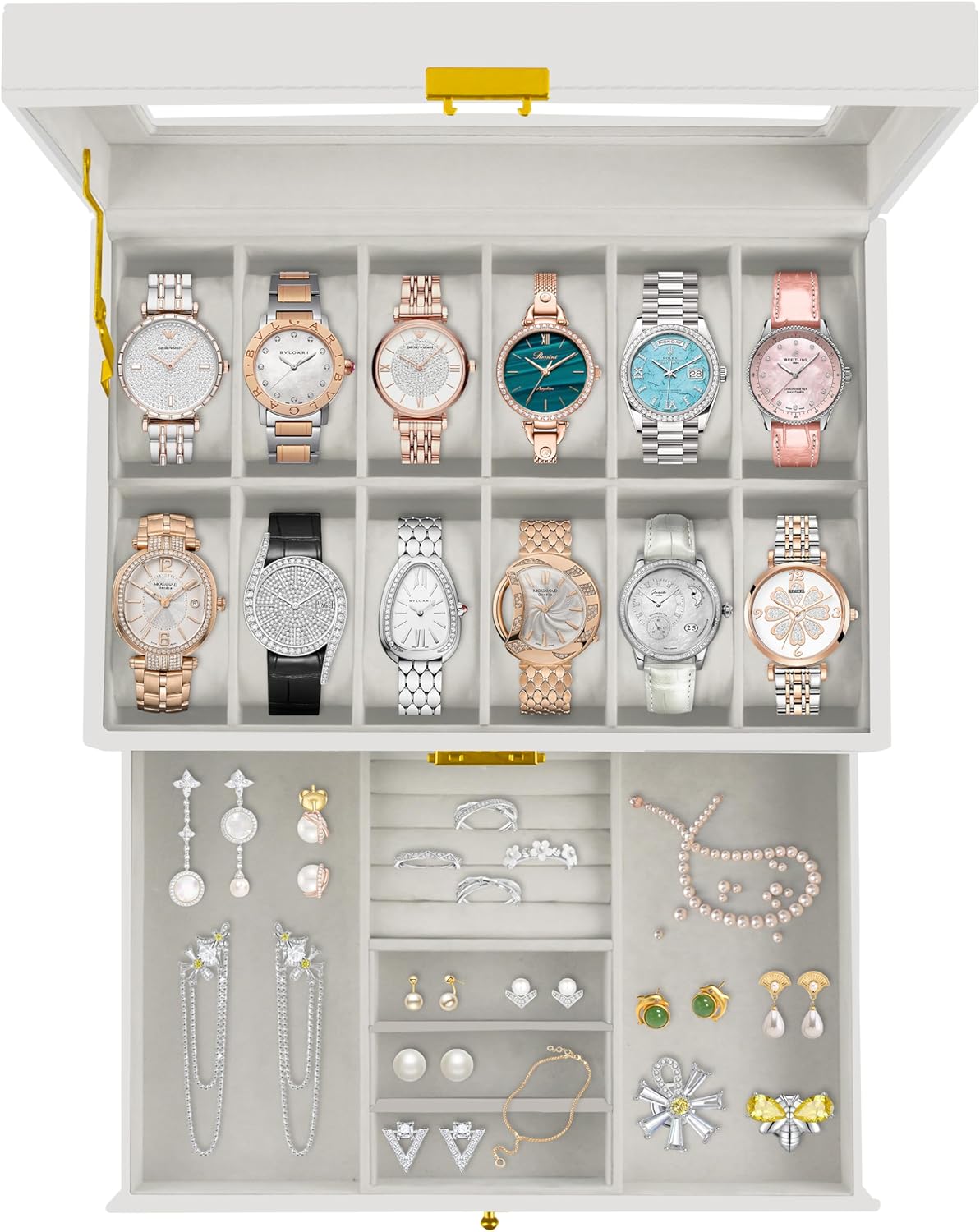 Ogrmar 12 Slot PU Leather Lockable Watch Storage Boxes, Men & Women Jewelry Display Drawer Case, 2-tier Organizer Watch Sh...