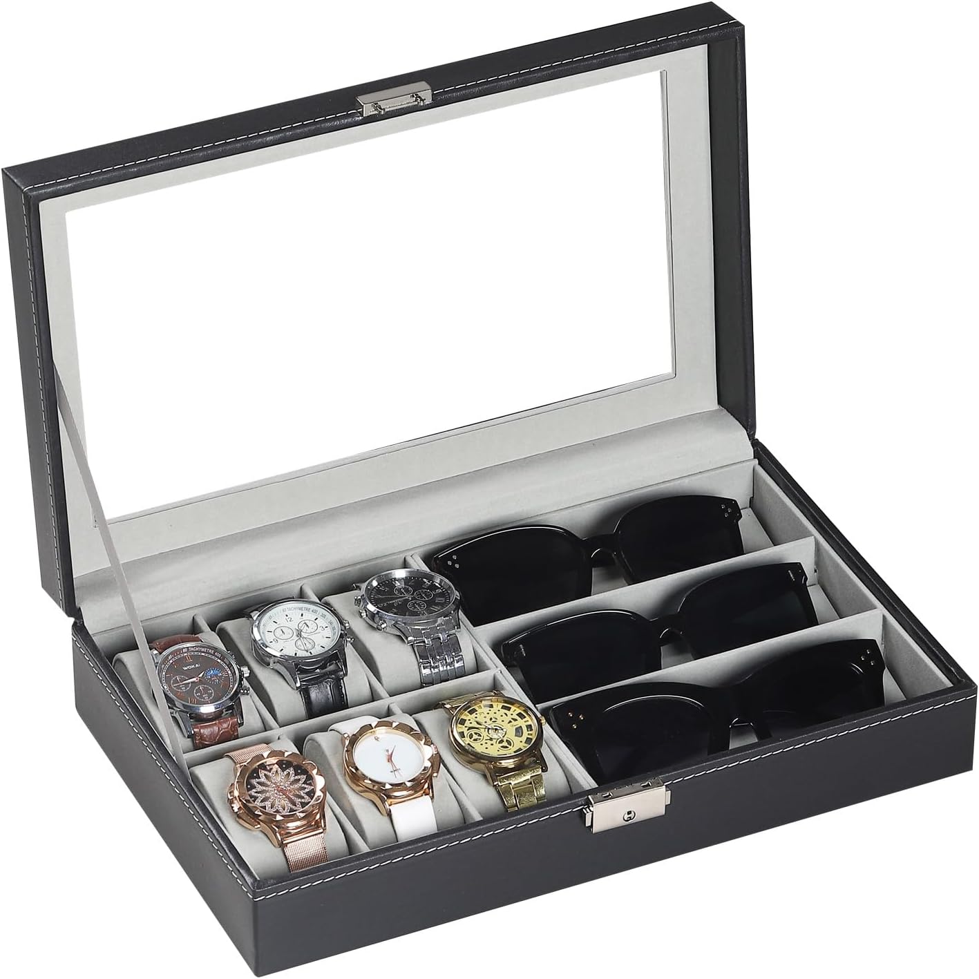 AUTOARK Leather 6 Watch and 3 Eyeglasses&Sunglasses Box with Jewelry Display Case Organizer,Mens Women Storage Holder Boxe...