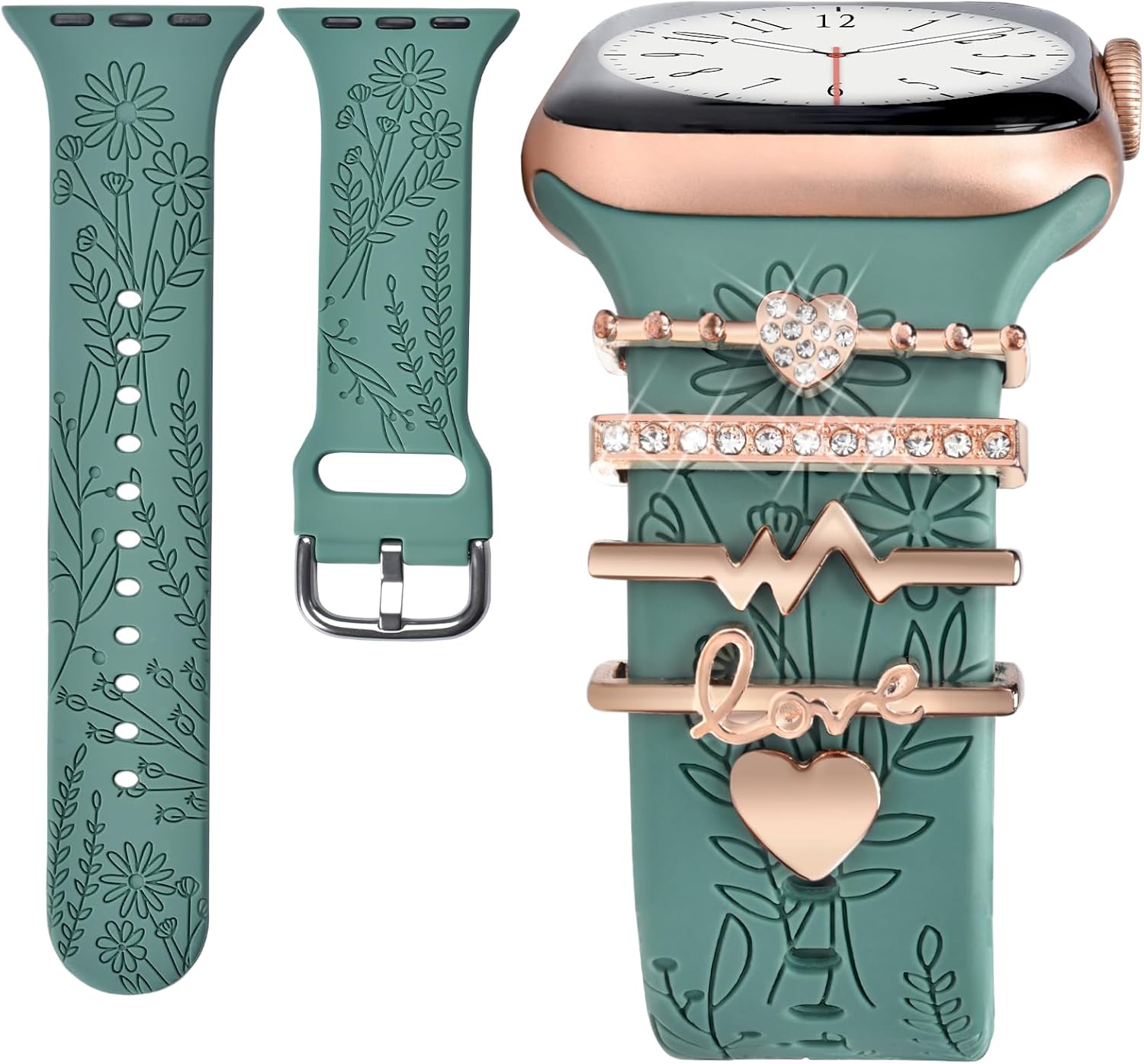 ORATYFAN Watch Band Charms (Band Included), Compatible with Apple Watch Band 38mm 40mm 41mm, Floral Engraved Silicone Stra...