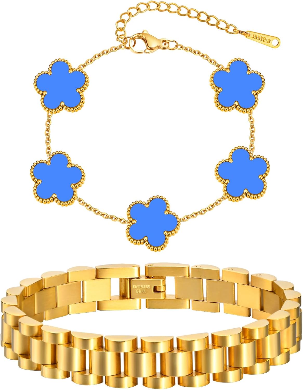 Stackable Gold Floral Bracelets Set , 2pcs 18K Gold Plated Bracelet Non-tarnish,Stainless Steel Link Chain Friendship Brac...