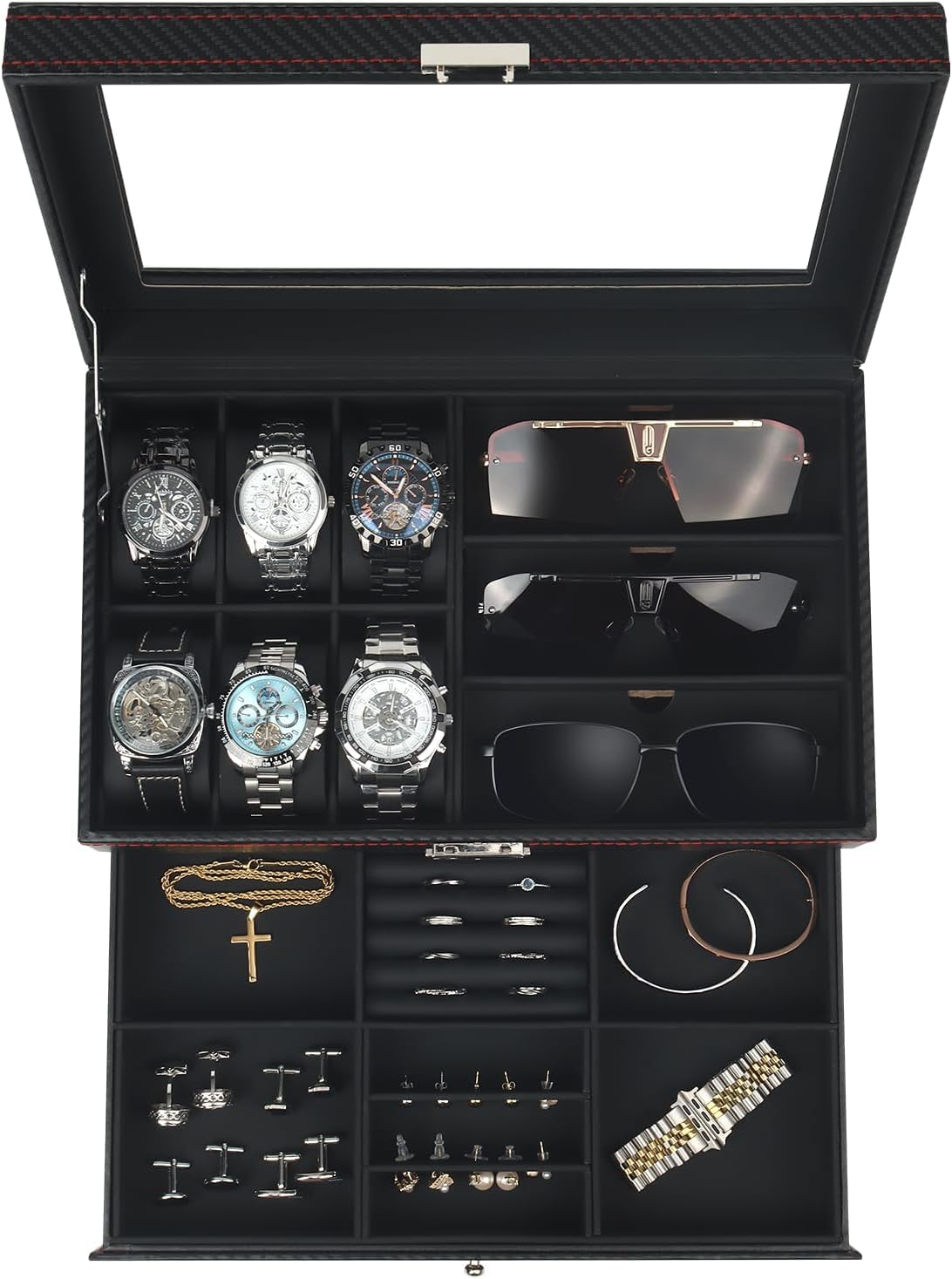 Kukikan Watch Jewelry Box Organizer, 6-Slot 2-Layer Watch Case and Sunglasses Storage with Large Glass Lid, Men's Jewelry ...
