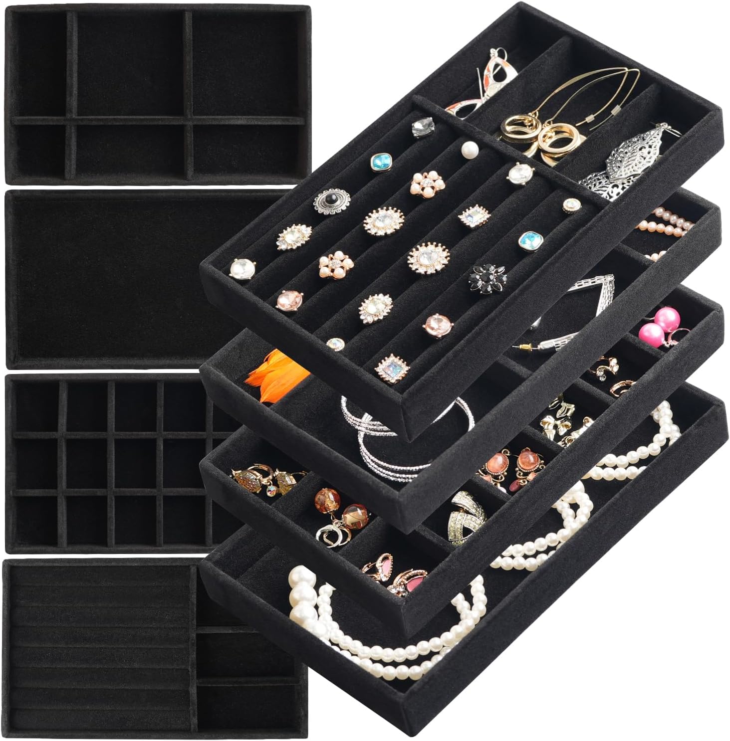 ERLSTE Jewelry Drawer Organizer, 8 Set of Stackable Velvet Organizer Tray, Drawer Inserts for Jewelry Organization, Showca...