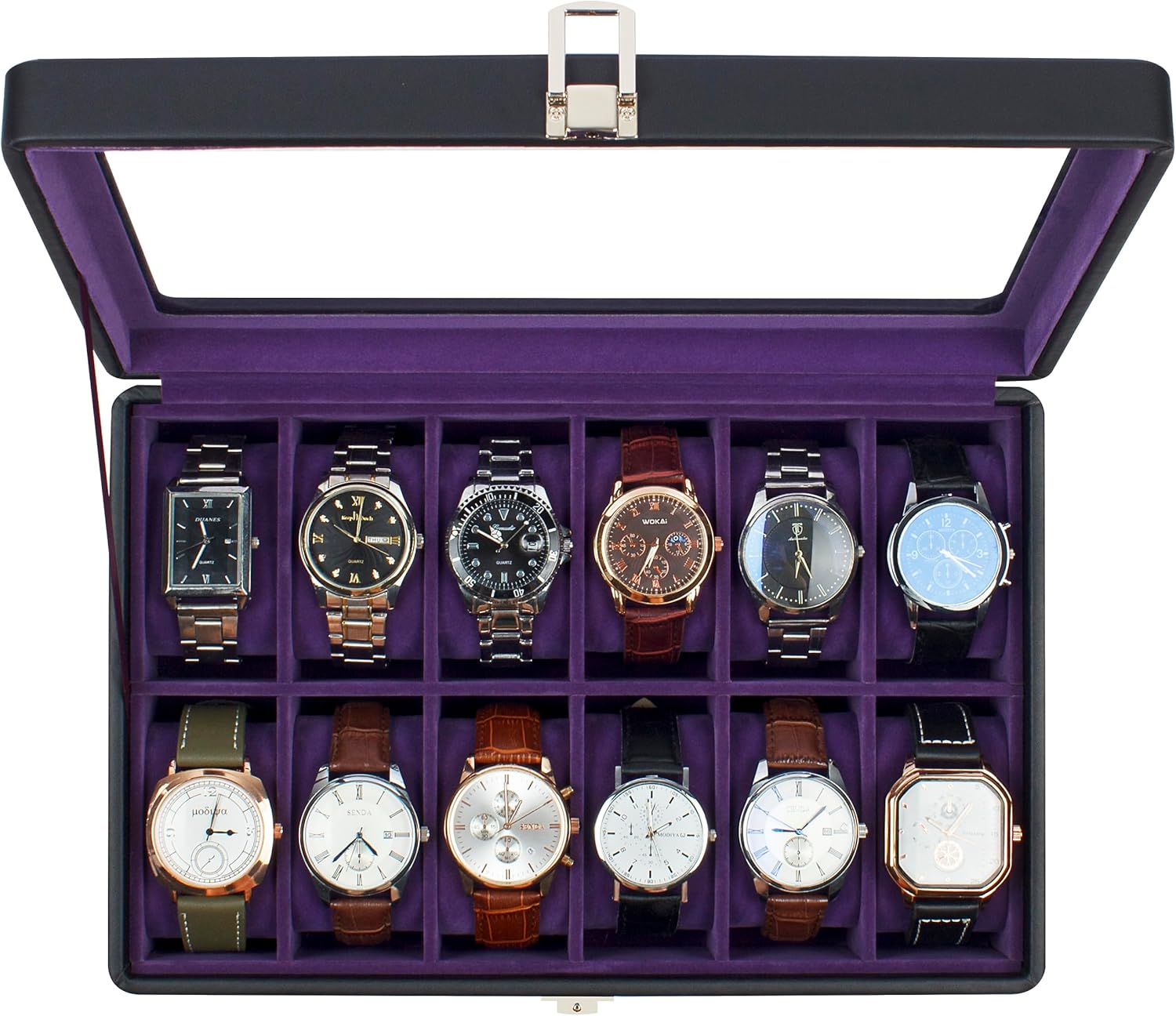 GUKA Watch Box, Watch Display Case, Real Glass Organizer Storage for Men and Women (Black+Purple, 12 Slot)