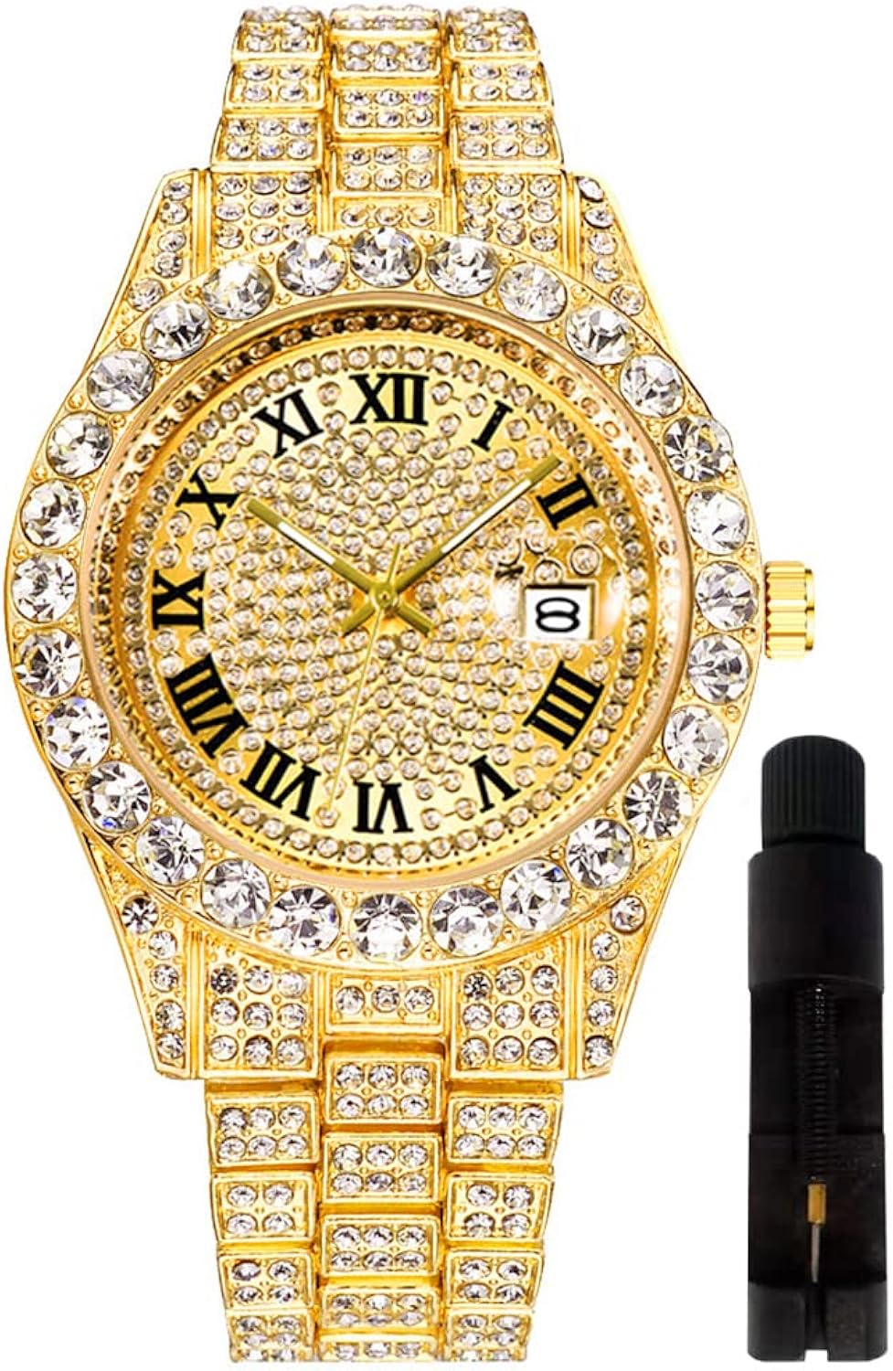 HUNRUY Hip Hop Watches for Men Iced-Out Bling Diamond Luxury Quartz Watches with Date