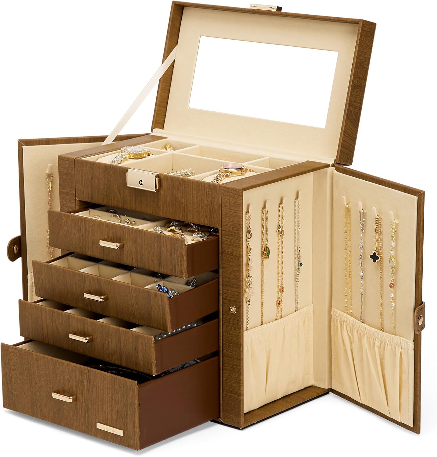 Homde Synthetic Leather Huge Jewelry Box Mirrored Watch Organizer Necklace Ring Earring Storage Lockable Gift Case (White...