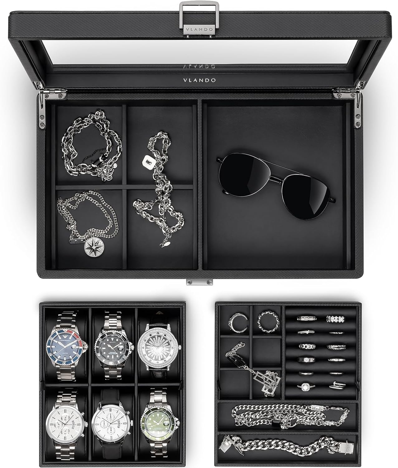 Vlando Watch Box 10 Slots, Lockable Watch Case with Textured Leather, 2 Layer Watch Holder for Rings, Glasses, Mens Jewelr...