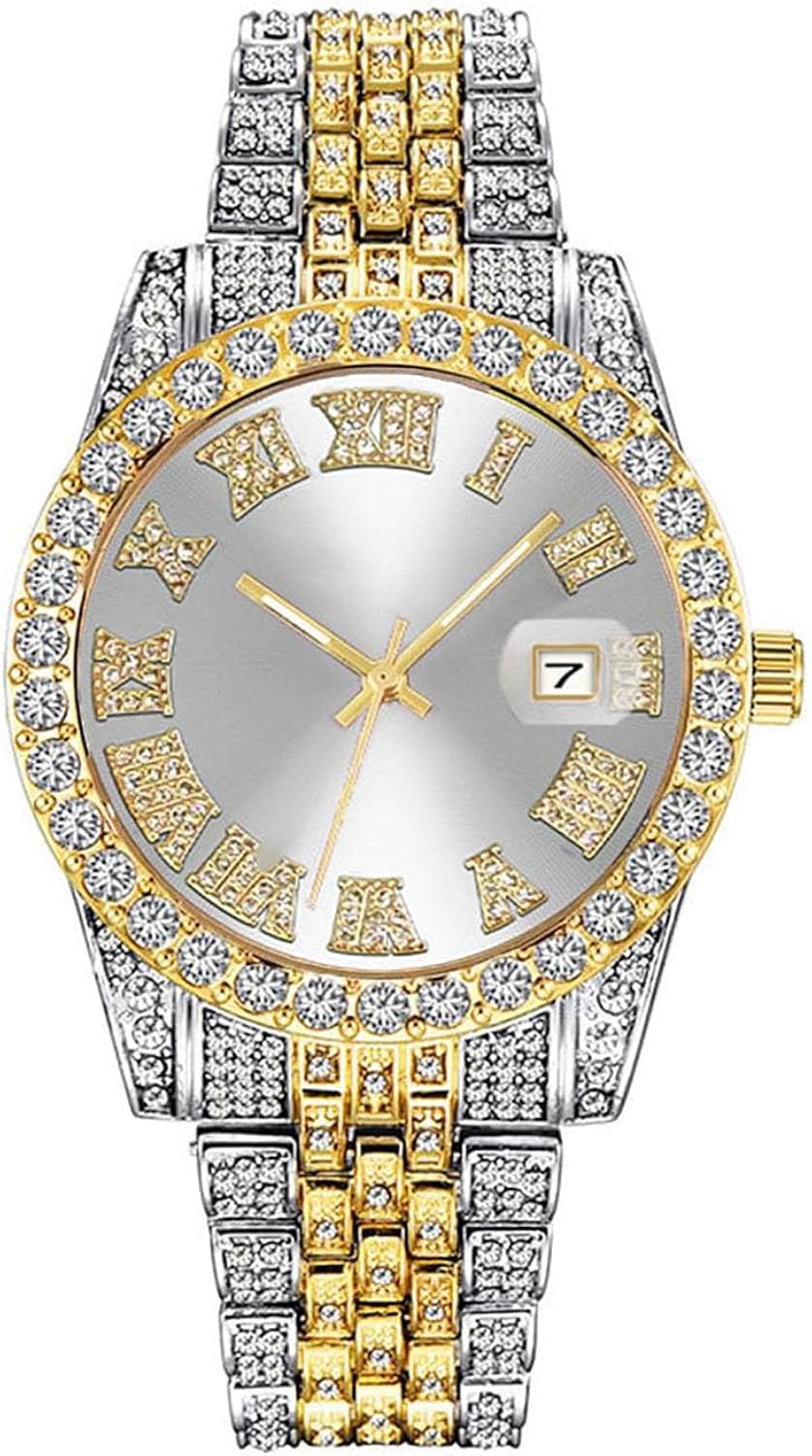 SENRUD Men's Diamond Watch Fashion Crystal Rhinestone Quartz Analog Watch Iced-Out Bracelet Wrist Watch