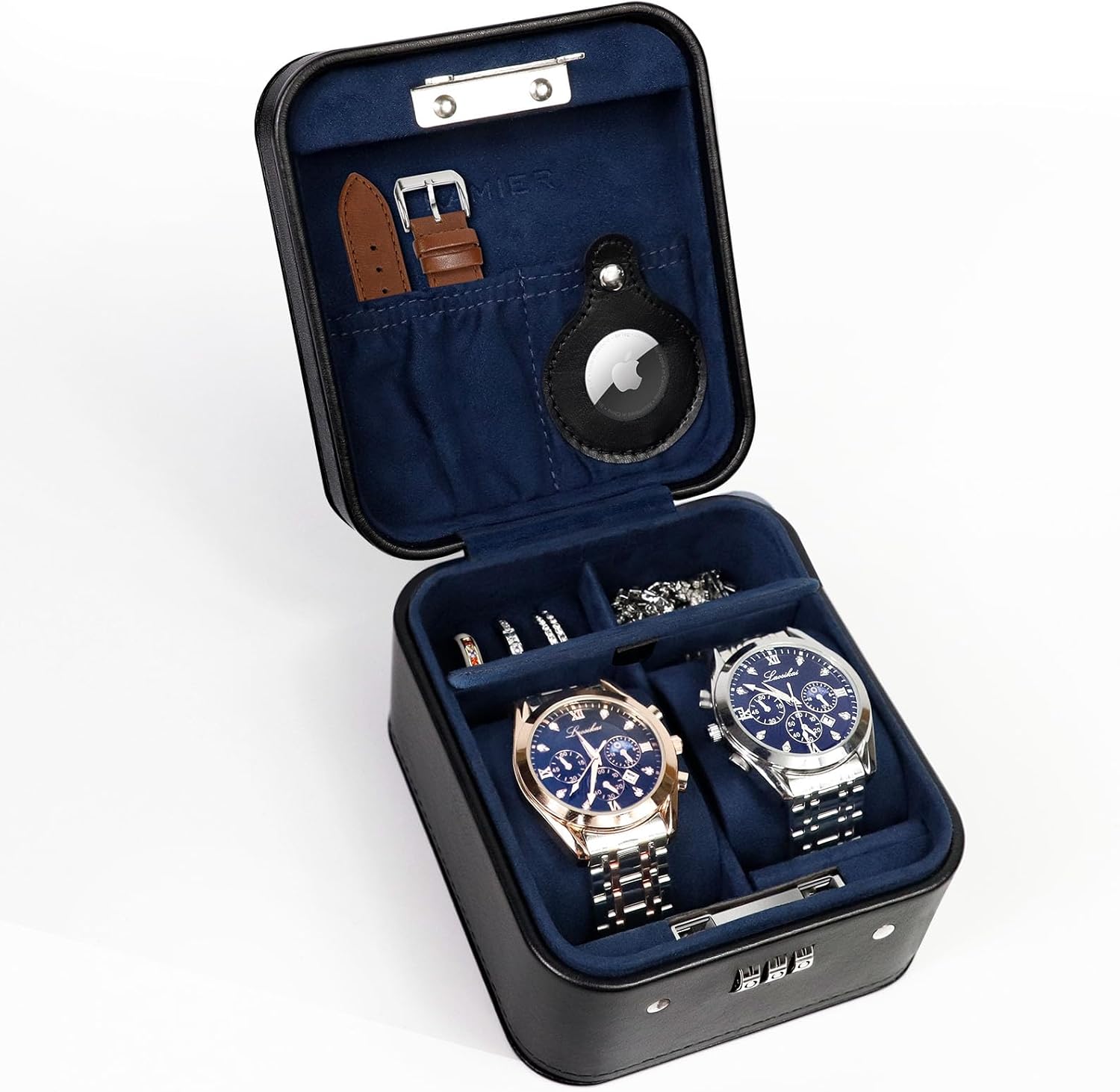 KAMIER Watch Travel Case with Combination Lock - 2 Watch Storage and Jewelry Organizer - Watch Case for Ring and Watch Sto...