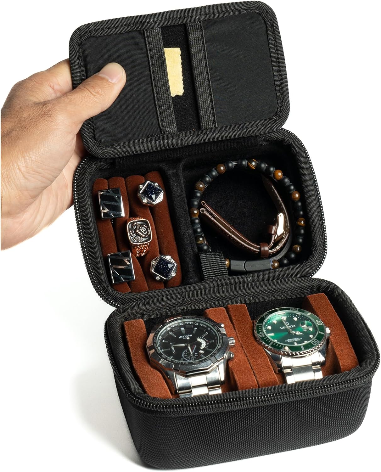 RIGICASE 2 slots Watch travel case, with accessories compartment for rings cufflinks watch band, Hard Portable Watch box h...