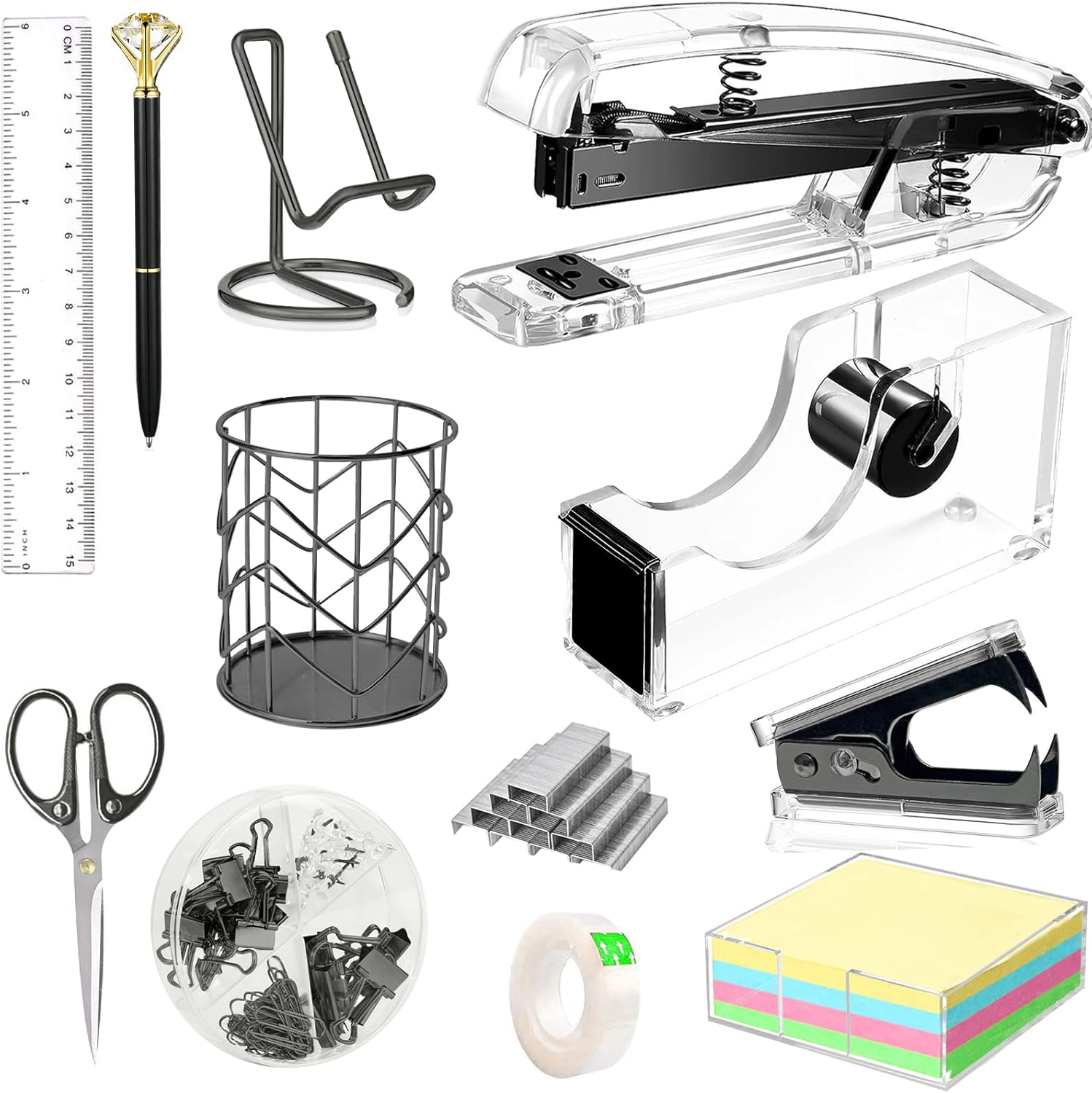 Pink Office Supplies, Pink Desk Accessories, Stapler, Staple Remover, Tape Holder, Pen Holder, Ballpoint Pen, Scissor, Bin...