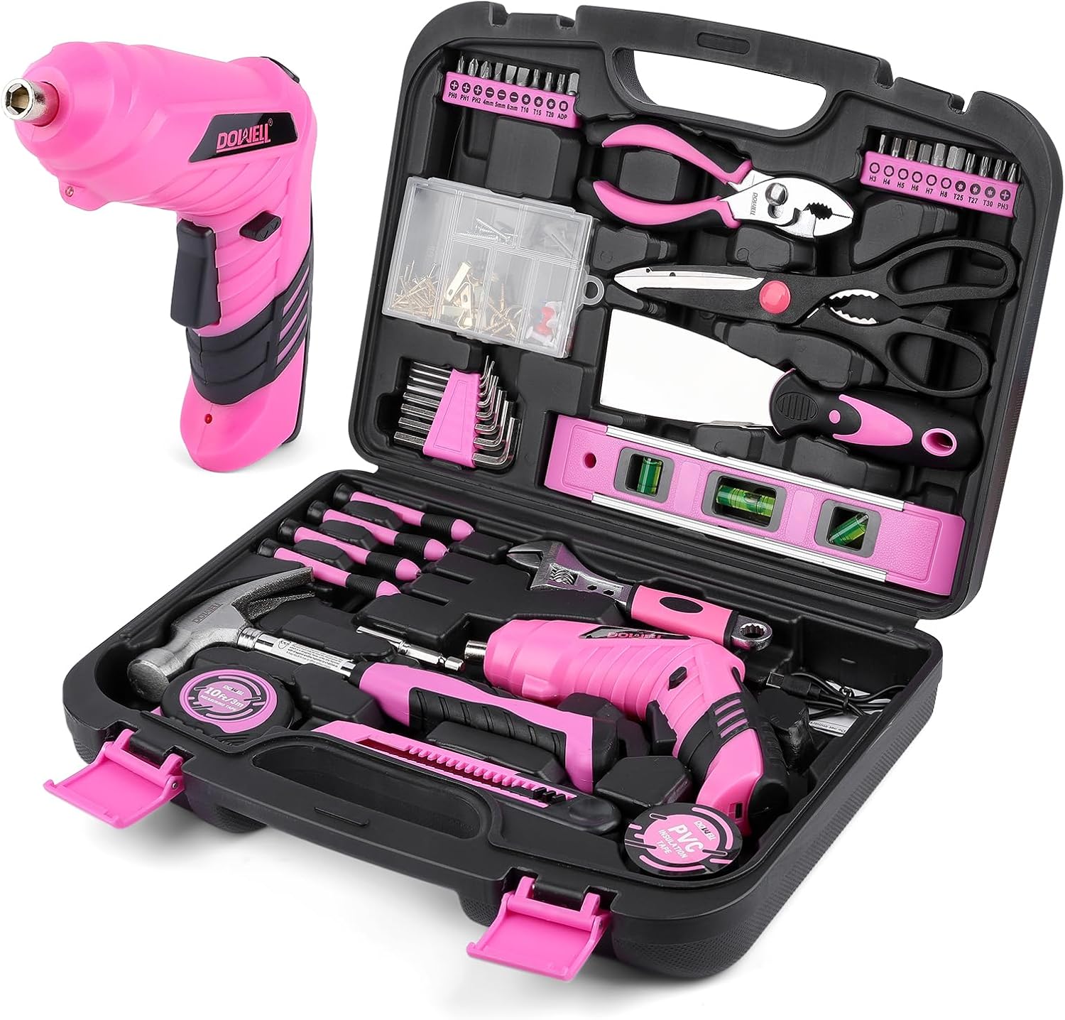 143 Pcs Pink Homeowner Tool Set with 3.6V Cordless Screwdriver General Household Hand Tool Kit with Plastic Tool box Stora...