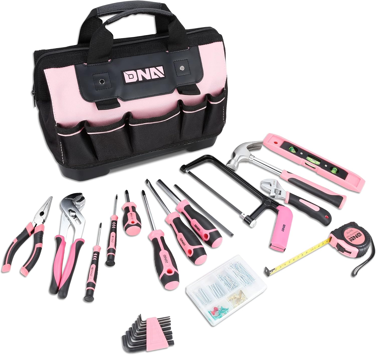DNA MOTORING 37-Piece Pink Tool Set - Portable Household Hand Tool Kit with Wide Mouth Canvas Storage Bag for DIY Home Rep...