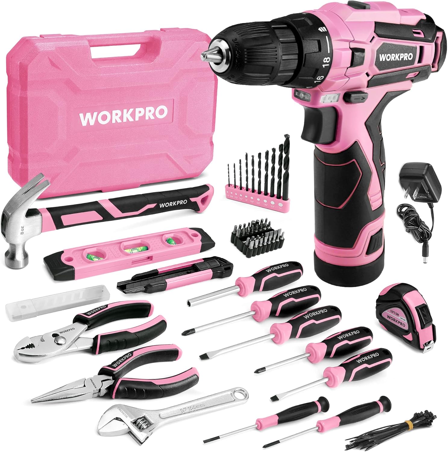 WORKPRO Home Tool Kit with Power Drill, 108PCS Power Home Tool Set with 12V 1.5 Ah Battery Powered Screwdriver and Tool Bo...